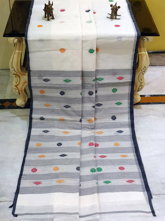 Hand Work Cotton Dhakai Jamdani Saree in Off White, Black and Multicolor Thread Work