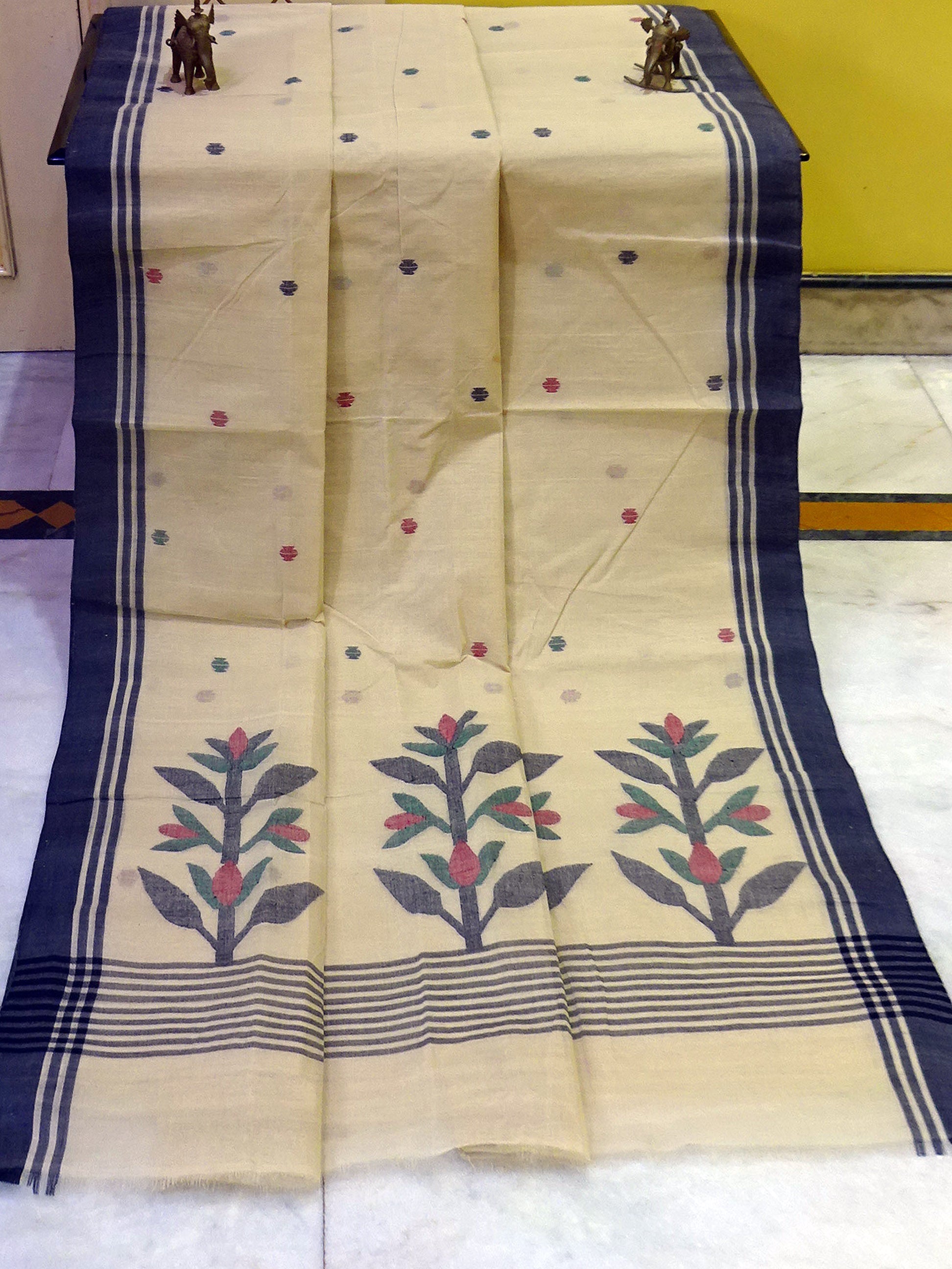 Hand Work Cotton Dhakai Jamdani Saree in Beige, Black, Maroon and Dark Green