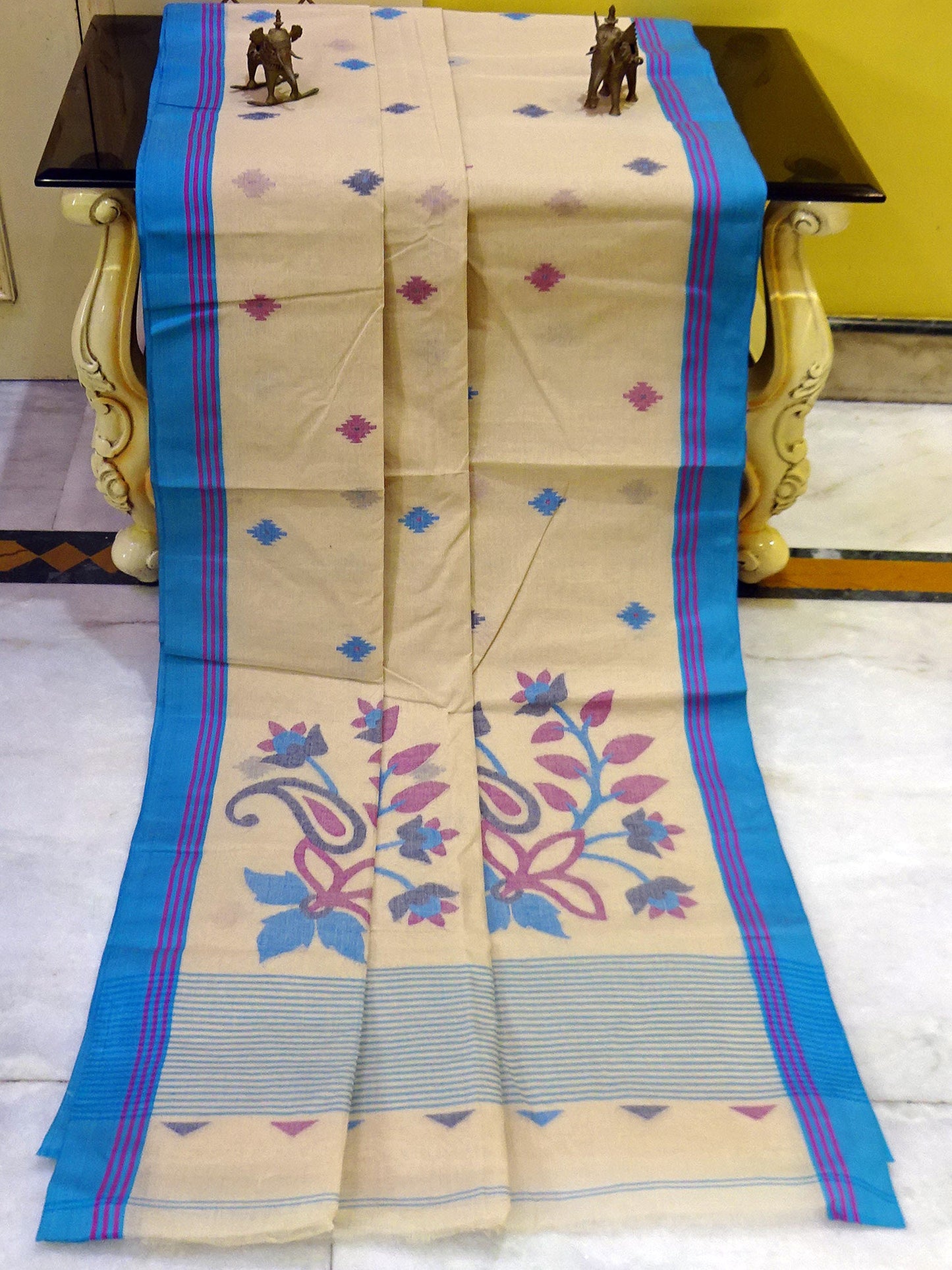 Hand Work Cotton Dhakai Jamdani Saree in Beige, Azure, Purple and Midnight Blue Thread Work