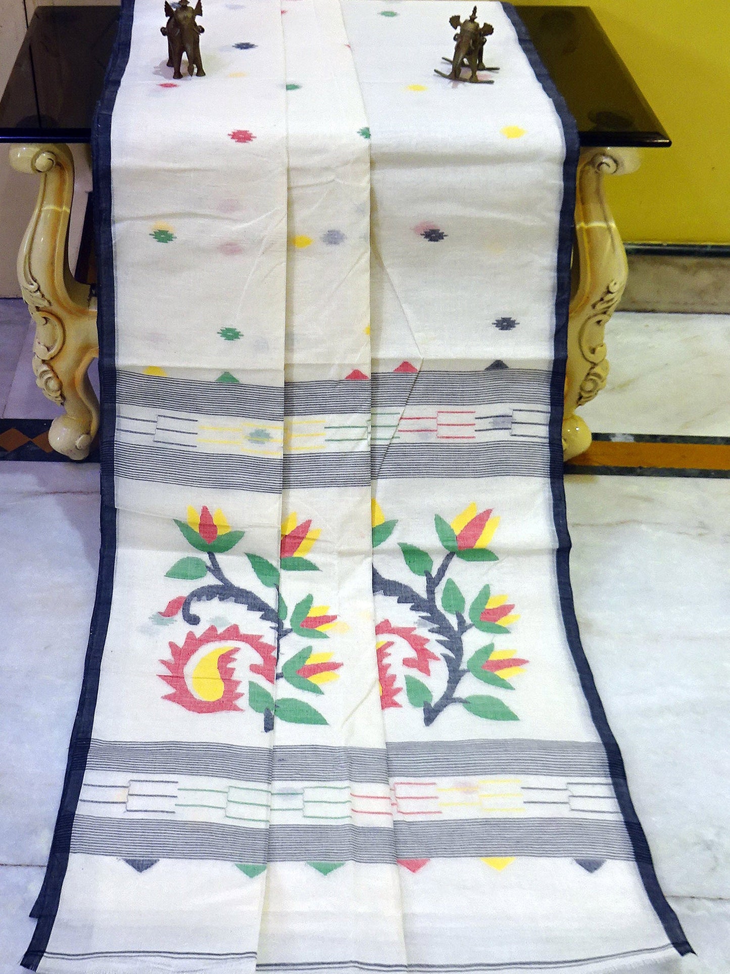 Hand Work Cotton Dhakai Jamdani Saree in White, Black and Multicolor Thread Work