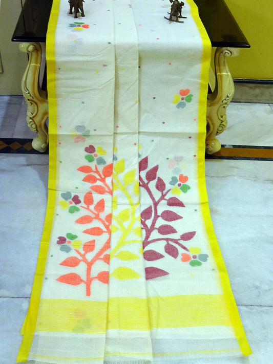 Hand Work Nakshi Butta Cotton Dhakai Jamdani Saree Off White, Bright Yellow and Multicolor Thread Work