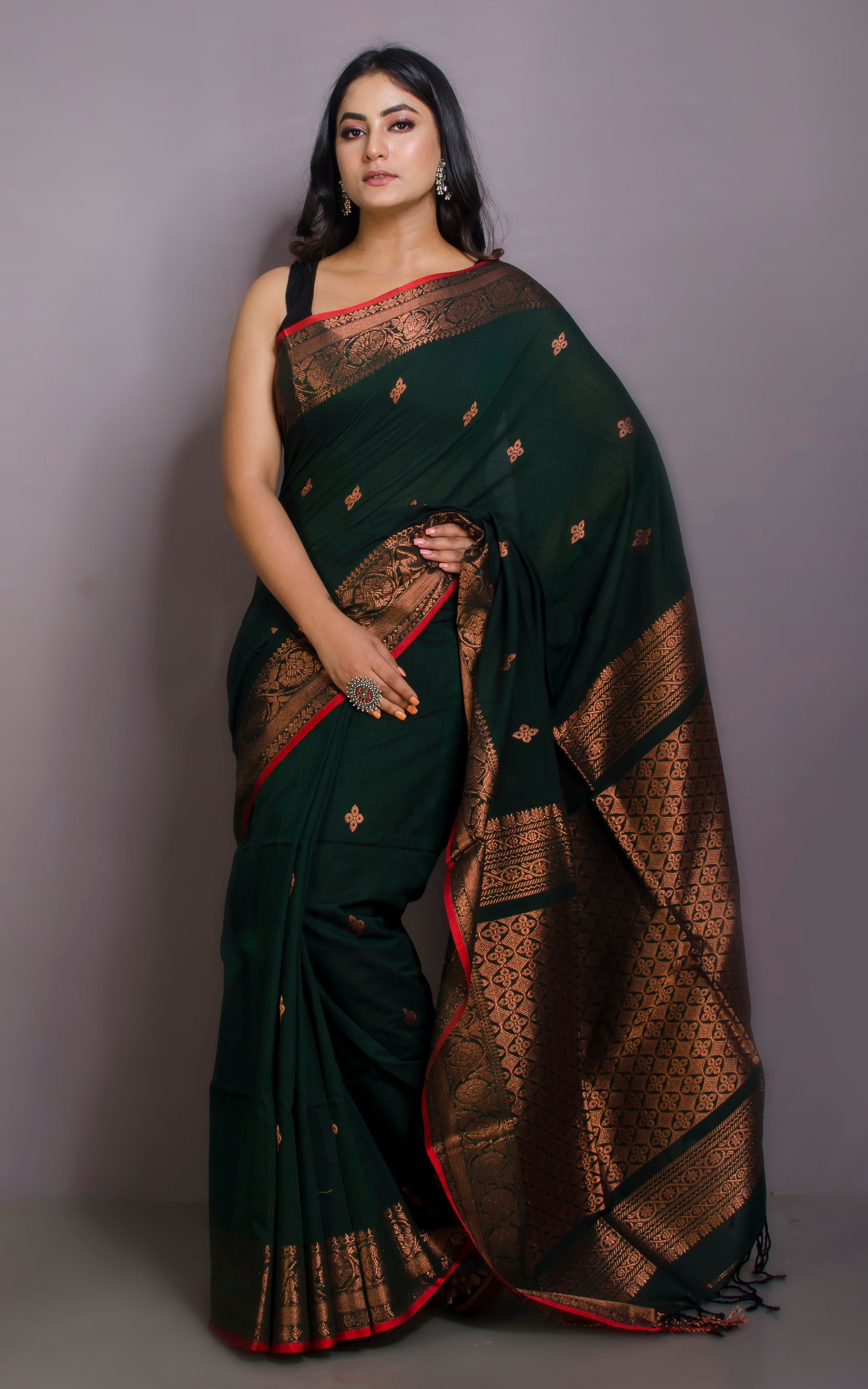 Premium Quality Double Warp Soft Pure Cotton Banarasi Saree in Phthalo Green, Dark Red and Copper Zari Work