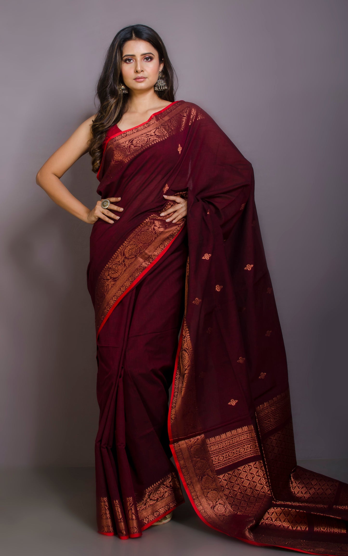 Premium Quality Double Warp Soft Pure Cotton Banarasi Saree in Dark Maroon, Red and Copper Zari Work