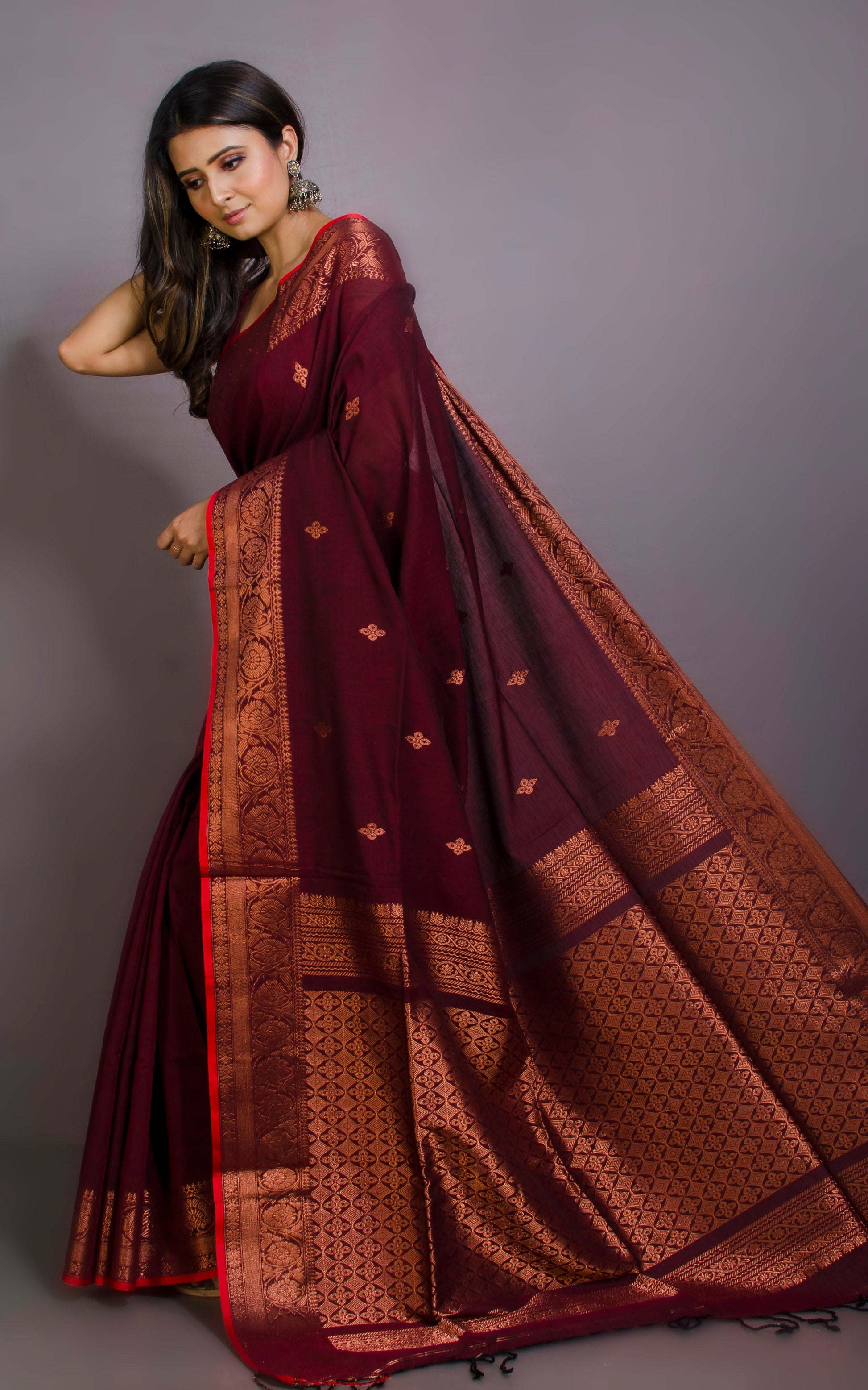 Premium Quality Double Warp Soft Pure Cotton Banarasi Saree in Dark Maroon, Red and Copper Zari Work