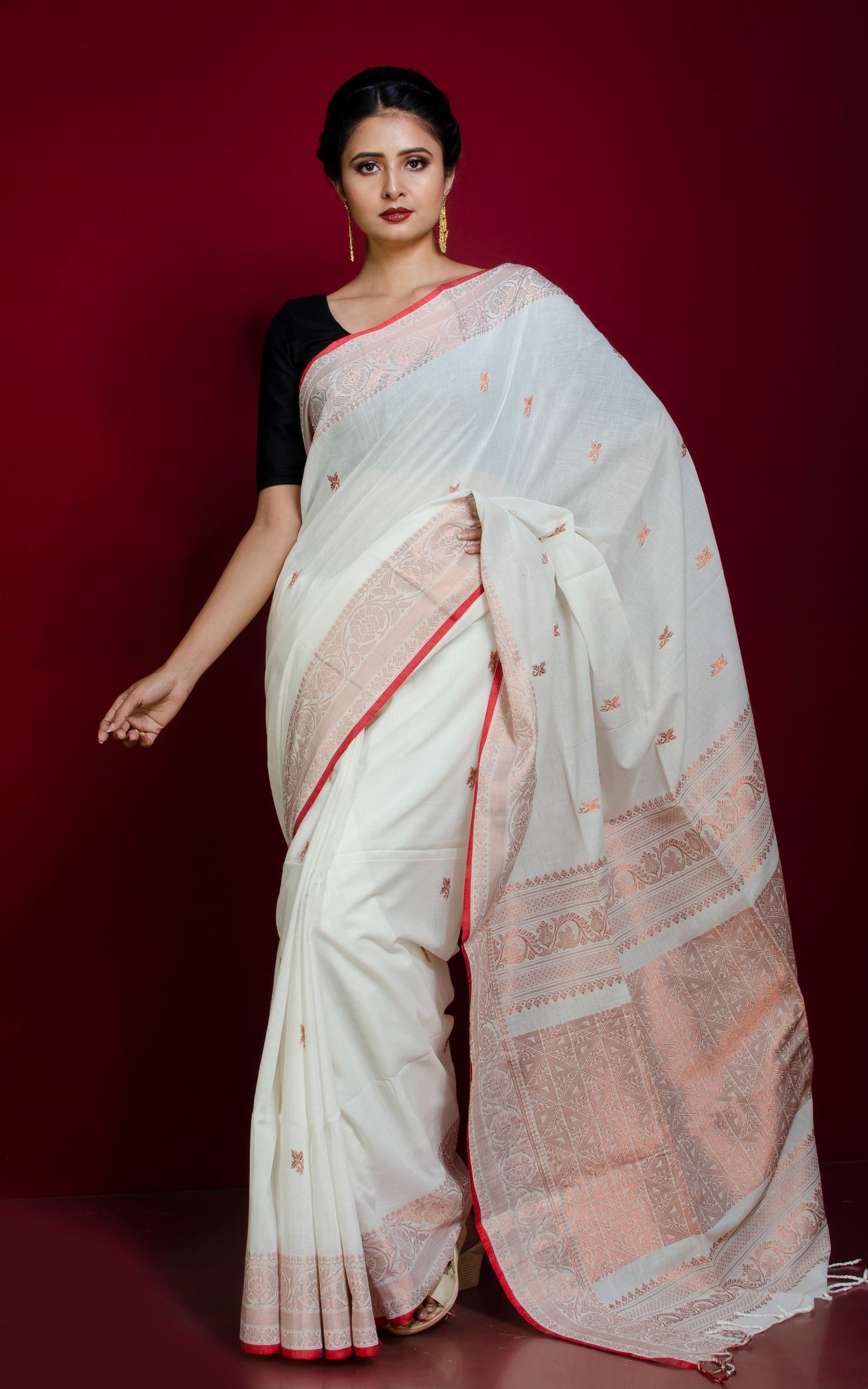 Premium Quality Double Warp Soft Pure Cotton Banarasi Saree in Off White, Red and Copper Zari Work