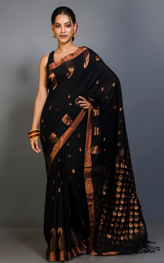 Premium Quality Double Warp Soft Pure Cotton Saree in Black and Copper Zari Work