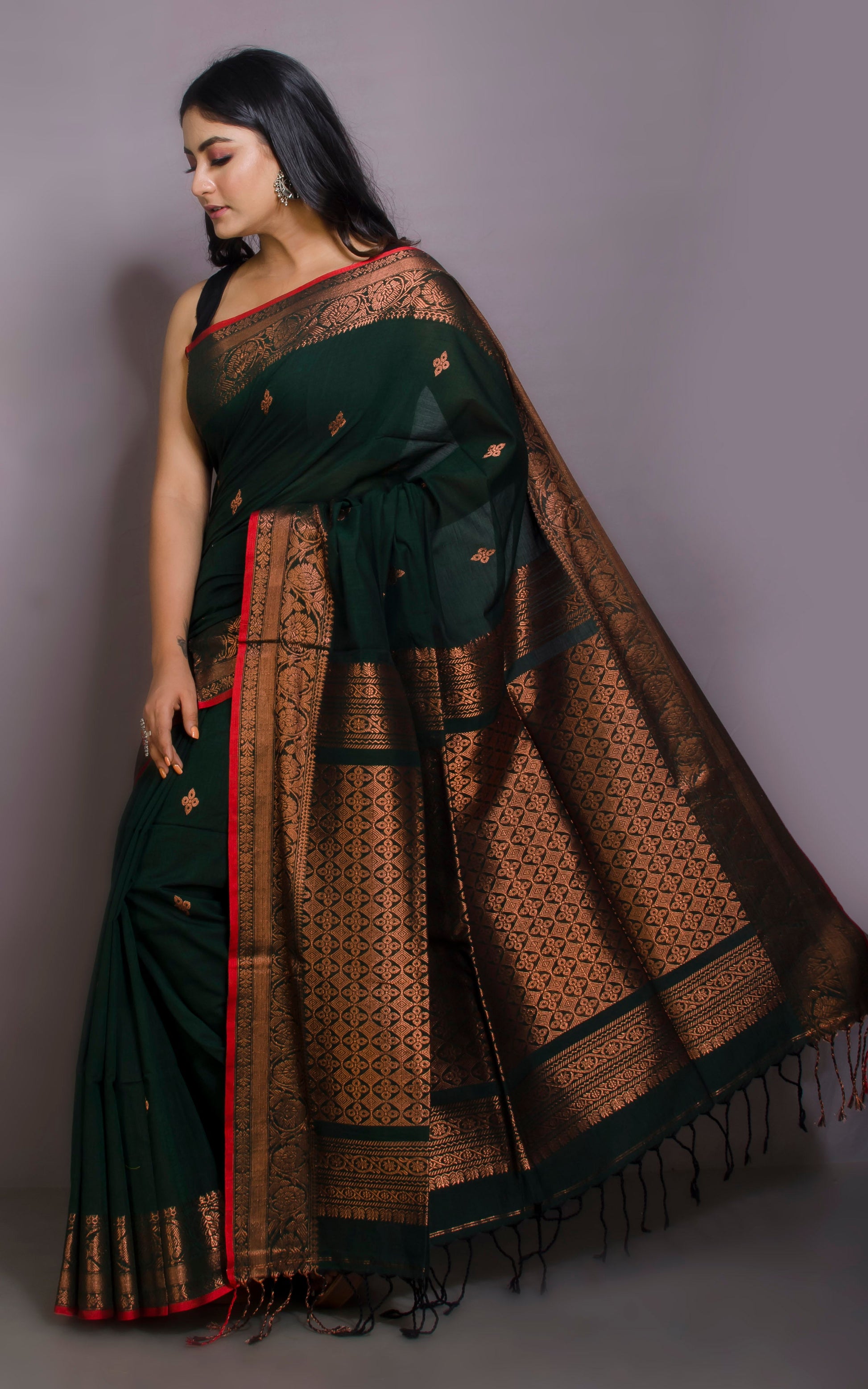 Premium Quality Double Warp Soft Pure Cotton Banarasi Saree in Phthalo Green, Dark Red and Copper Zari Work