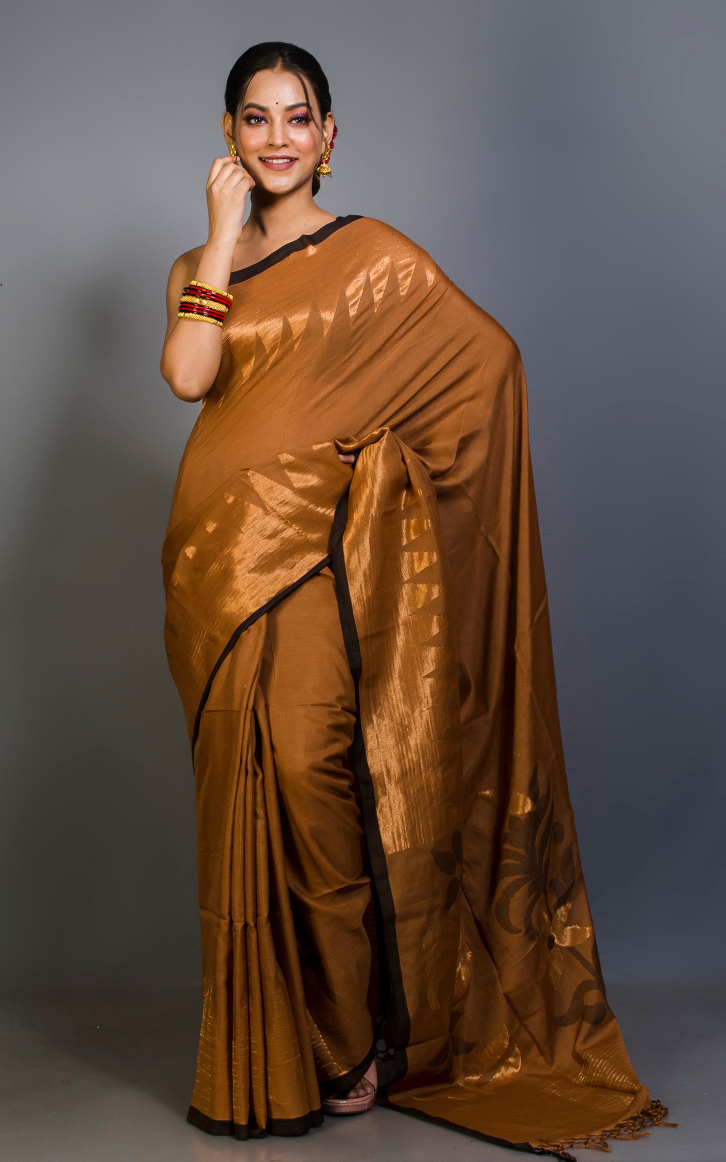 Premium Quality Double Warp Soft Cotton Kanjivaram Saree in Chocolate Brown, Black and Muted Gold Zari Work