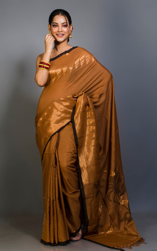 Premium Quality Double Warp Soft Cotton Kanjivaram Saree in Chocolate Brown, Black and Muted Gold Zari Work