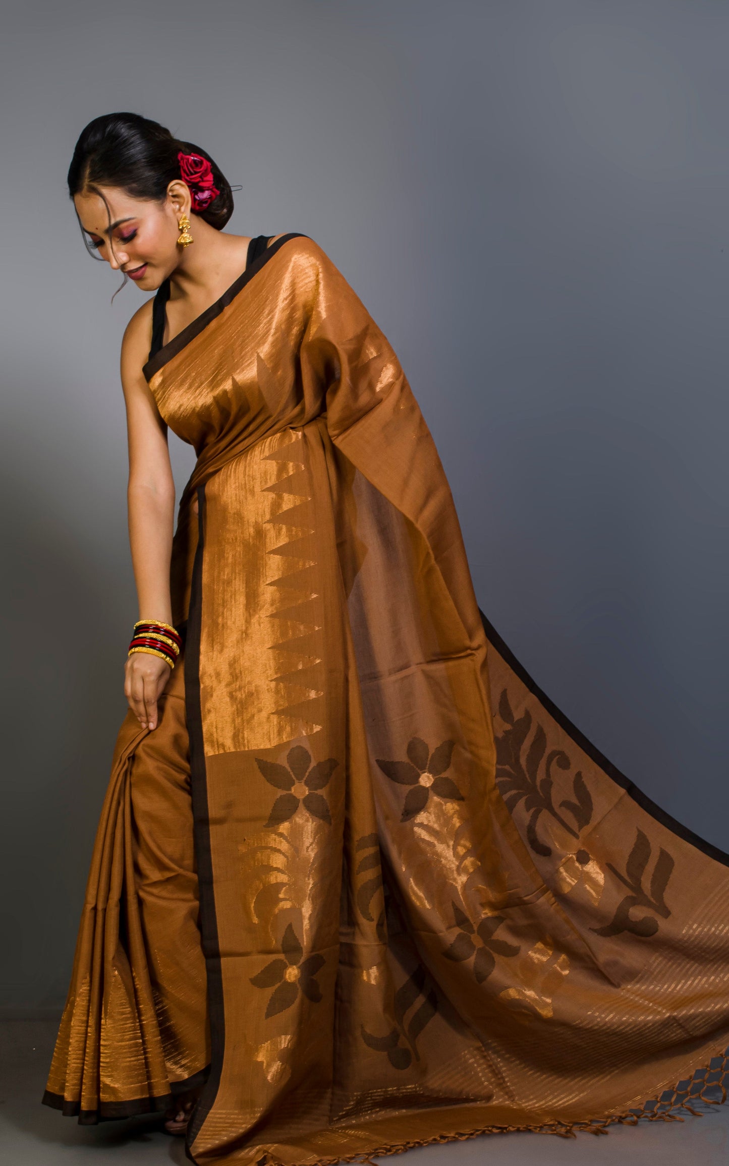 Premium Quality Double Warp Soft Cotton Kanjivaram Saree in Chocolate Brown, Black and Muted Gold Zari Work