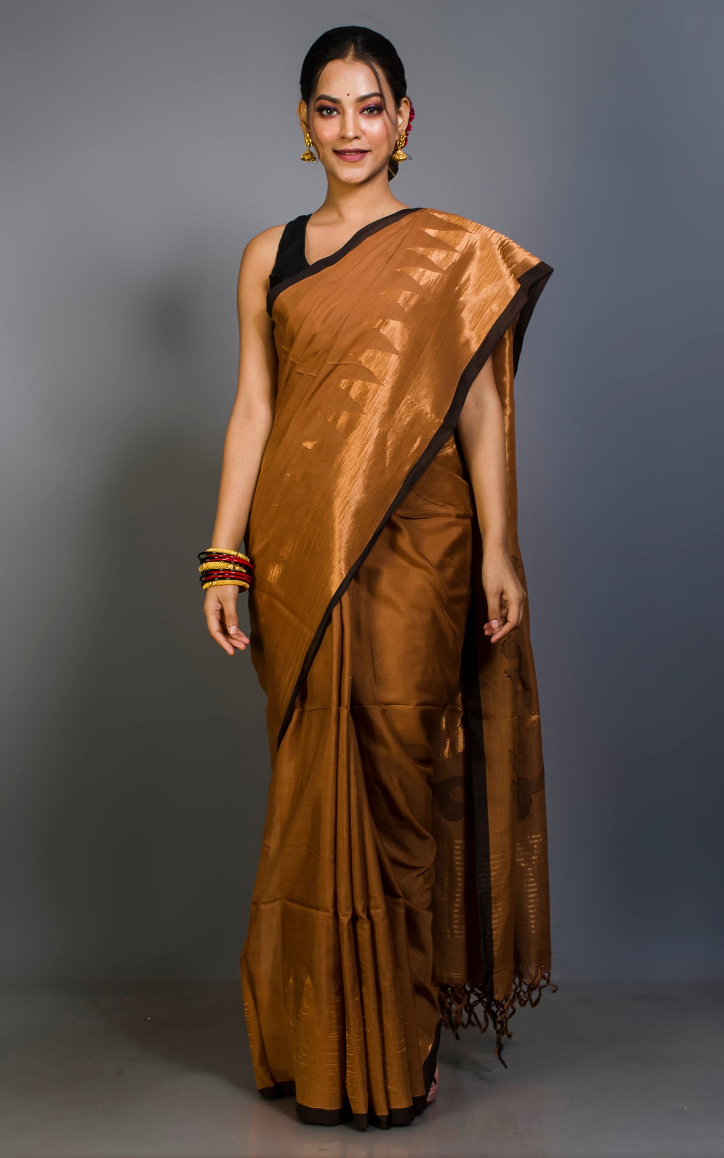 Premium Quality Double Warp Soft Cotton Kanjivaram Saree in Chocolate Brown, Black and Muted Gold Zari Work