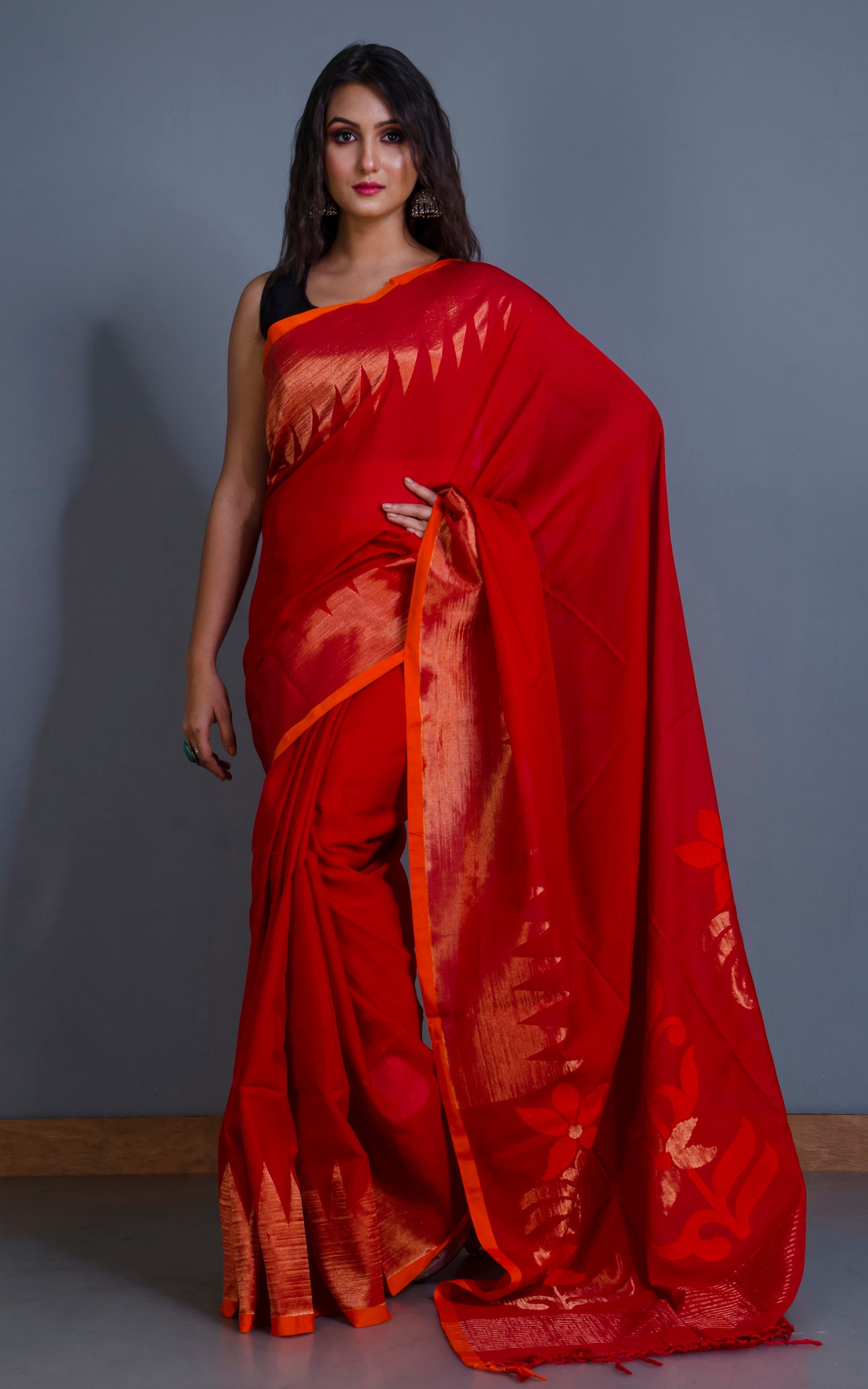 Premium Quality Double Warp Soft Cotton Kangivaram Saree in Vermilion Red, Orange and Muted Gold Zari Work