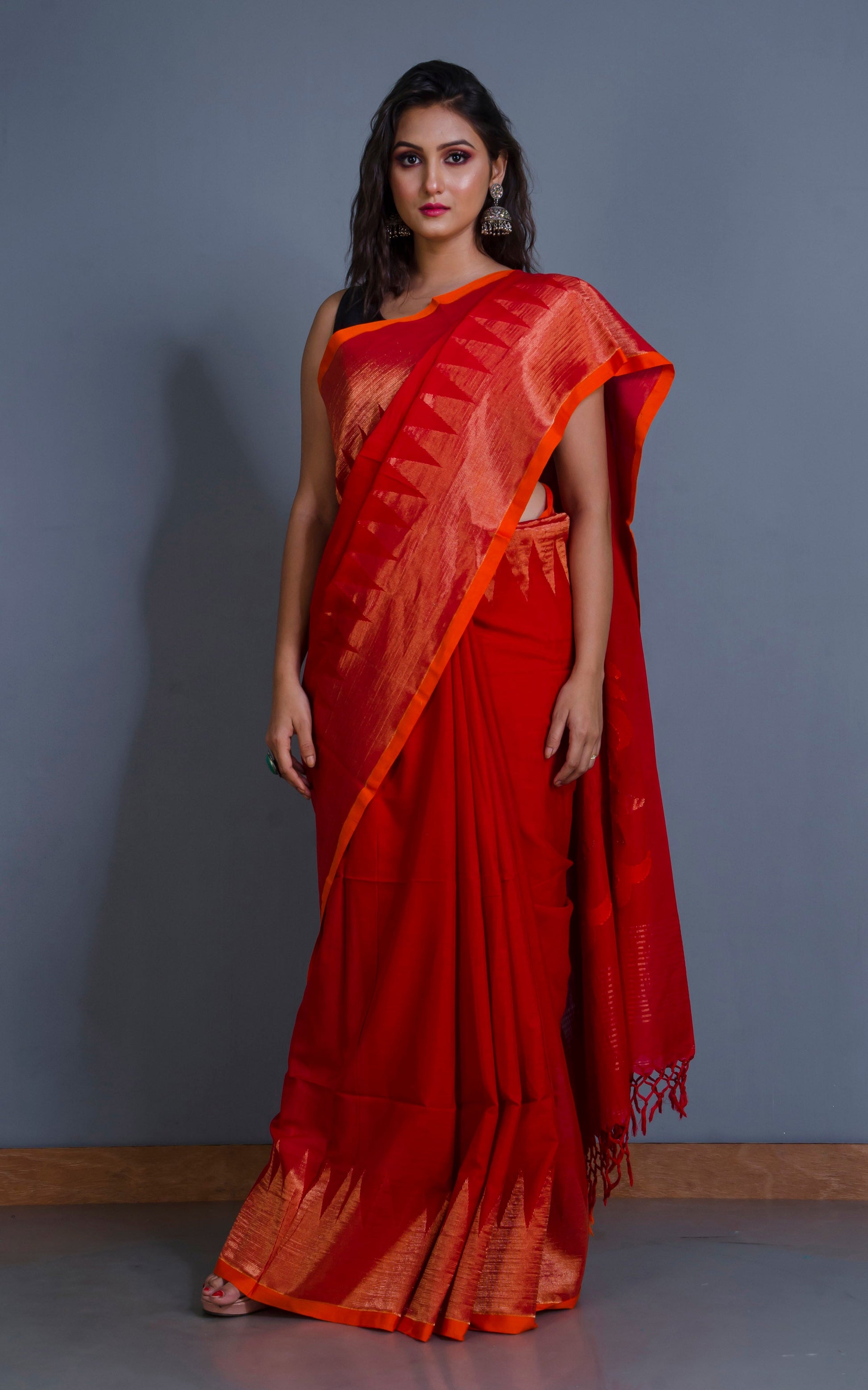 Premium Quality Double Warp Soft Cotton Kangivaram Saree in Vermilion Red, Orange and Muted Gold Zari Work