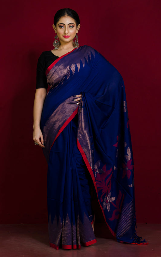 Premium Quality Double Warp Soft Cotton Kangivaram Saree in Midnight Blue, Dark Red and Muted Gold Zari Work