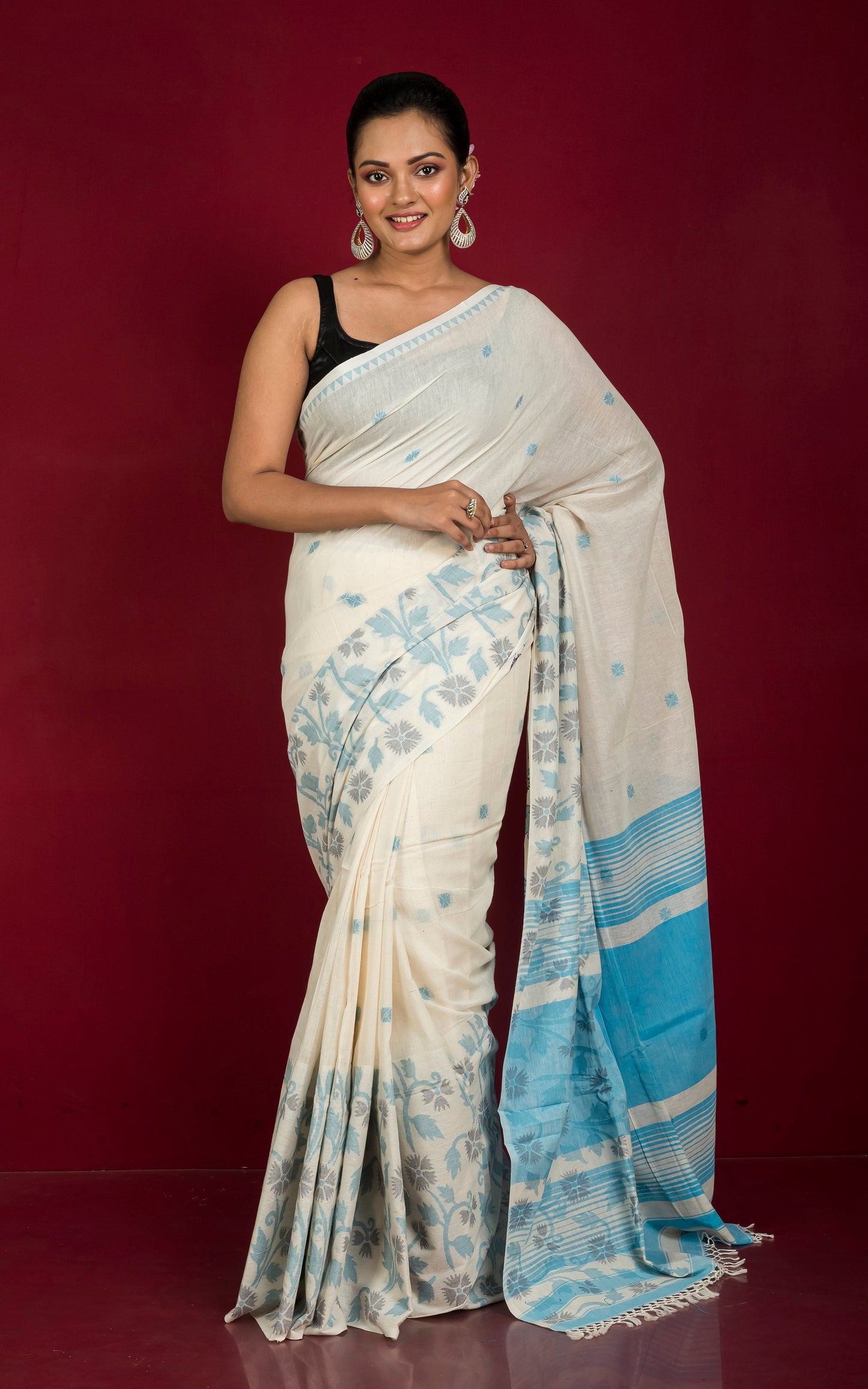 Woven Jamdani Work Skirt Border Soft Cotton Saree in Off White, Baby Blue and Black