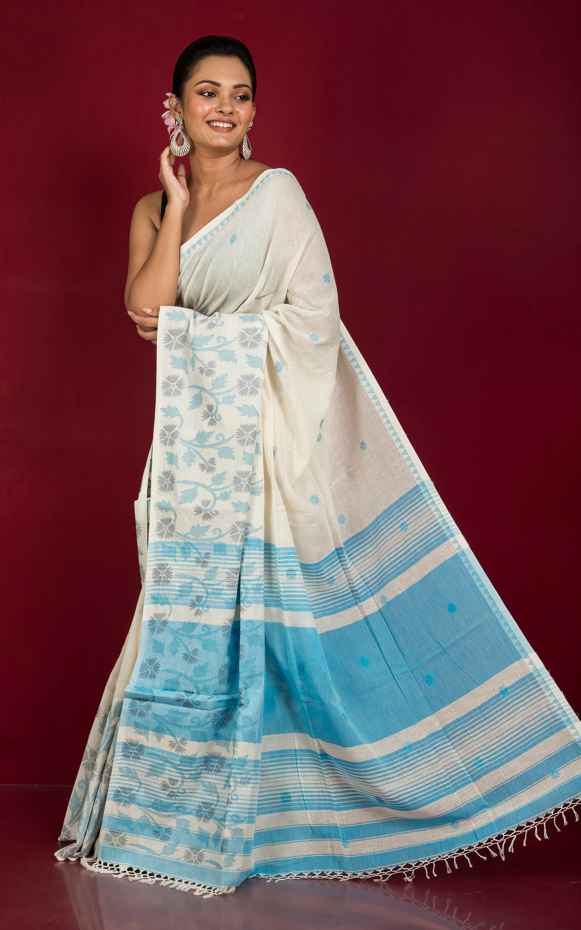 Woven Jamdani Work Skirt Border Soft Cotton Saree in Off White, Baby Blue and Black