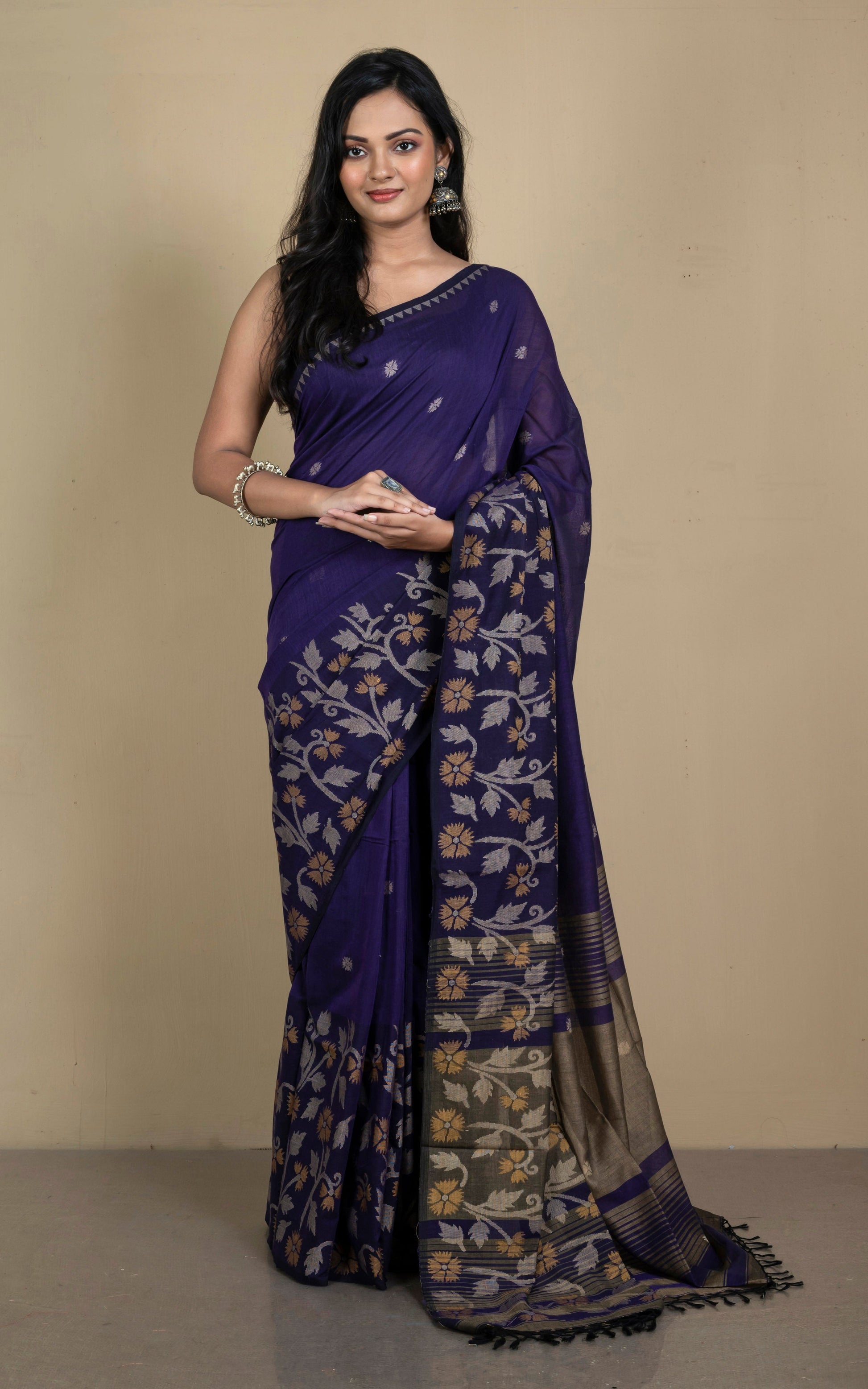 Woven Jamdani Work Skirt Border Soft Cotton Saree in Indigo Blue, Beige and Light Brown