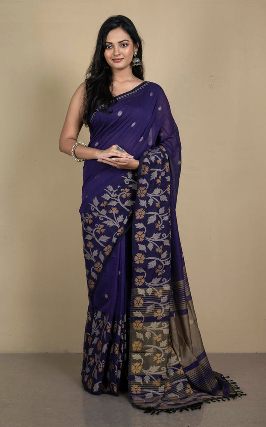 Woven Jamdani Work Skirt Border Soft Cotton Saree in Indigo Blue, Beige and Light Brown