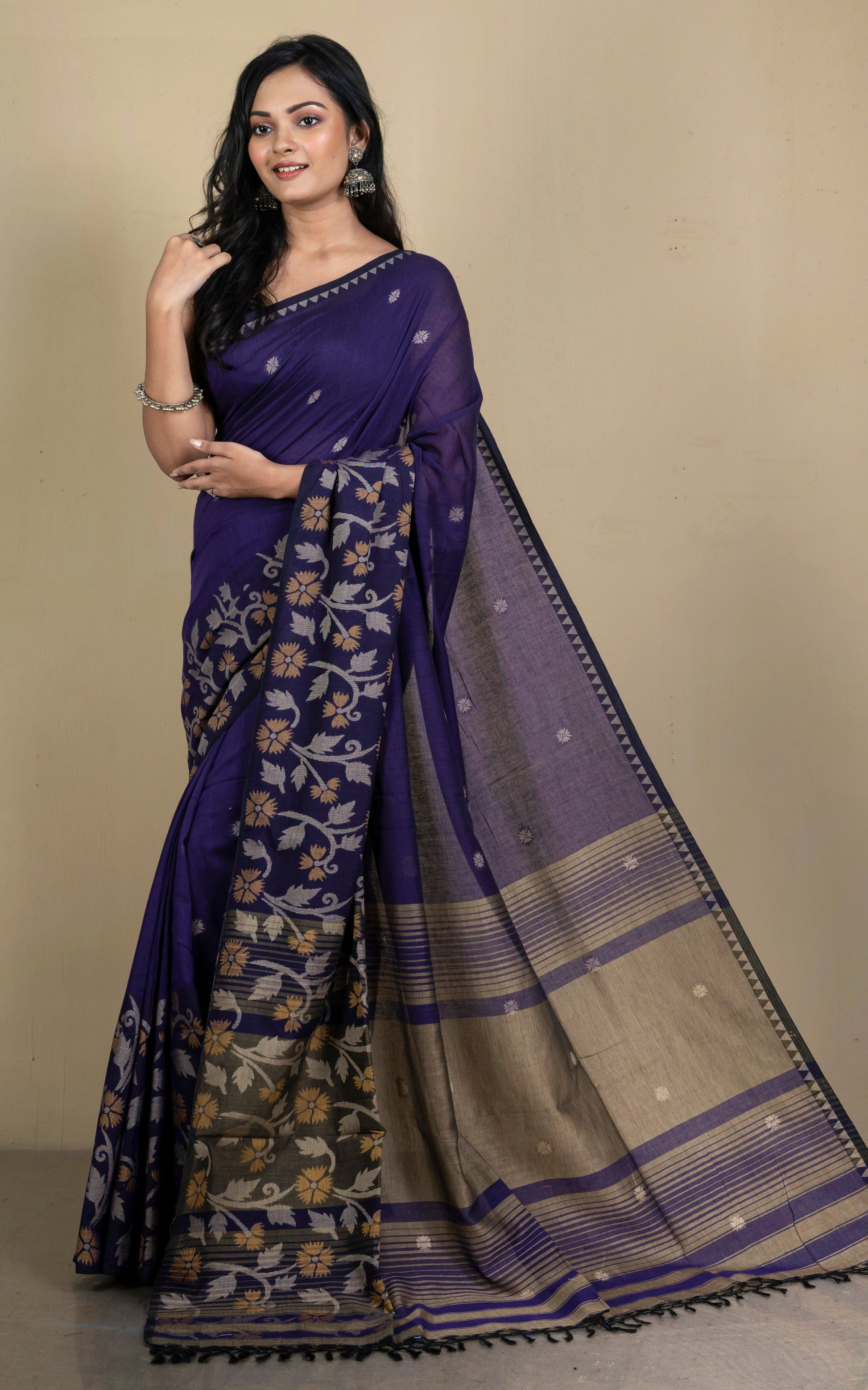 Woven Jamdani Work Skirt Border Soft Cotton Saree in Indigo Blue, Beige and Light Brown