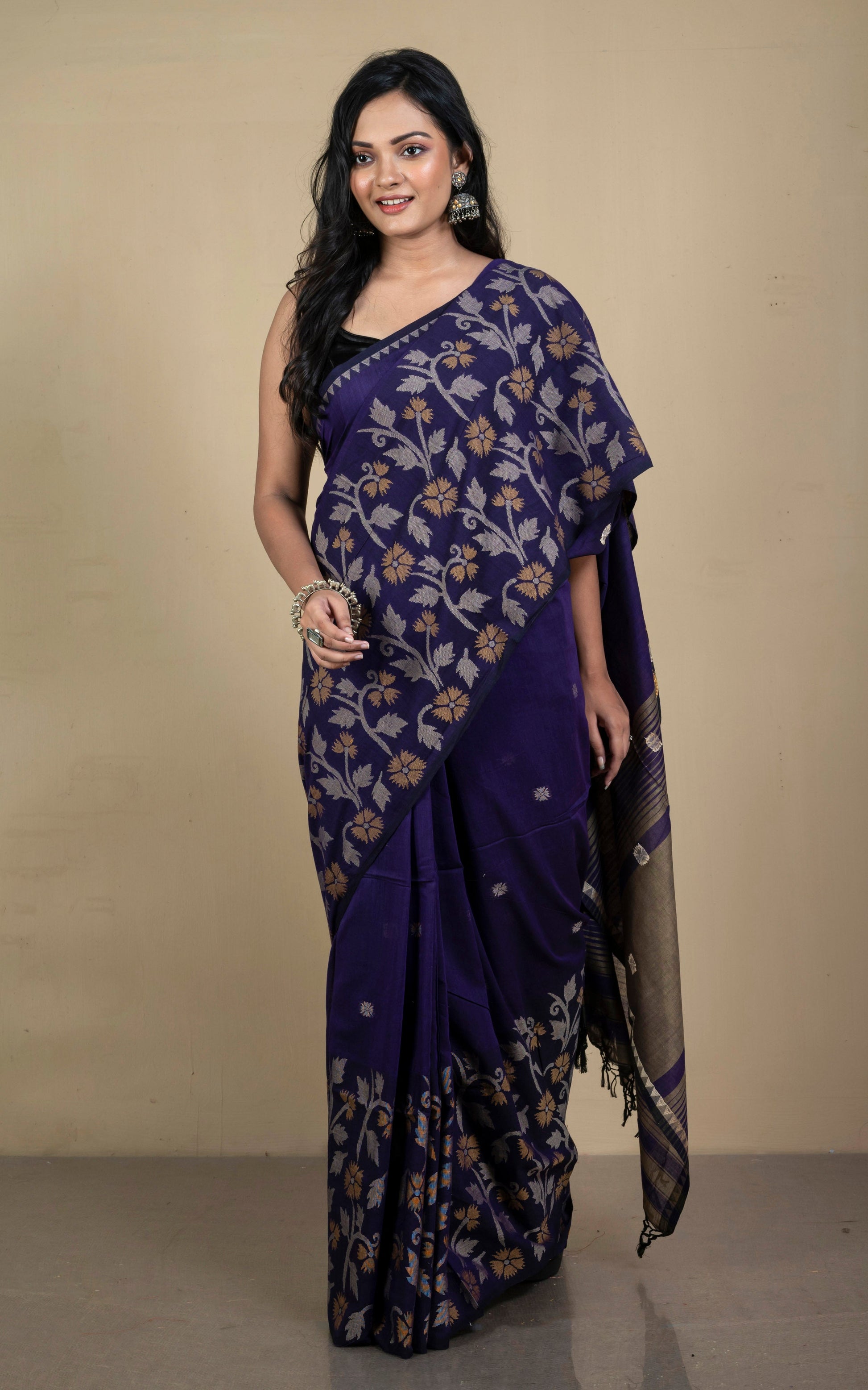 Woven Jamdani Work Skirt Border Soft Cotton Saree in Indigo Blue, Beige and Light Brown