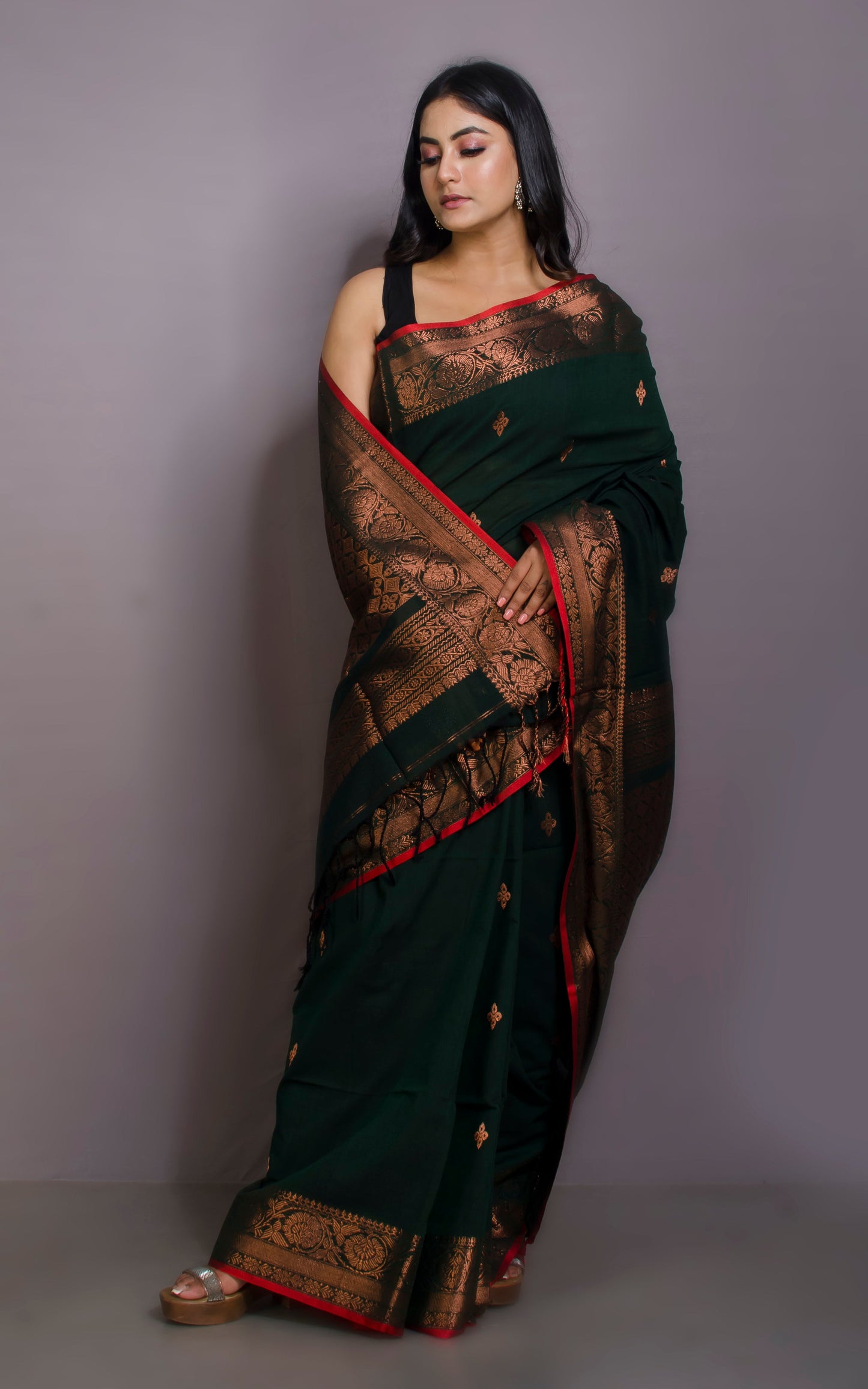 Premium Quality Double Warp Soft Pure Cotton Banarasi Saree in Phthalo Green, Dark Red and Copper Zari Work