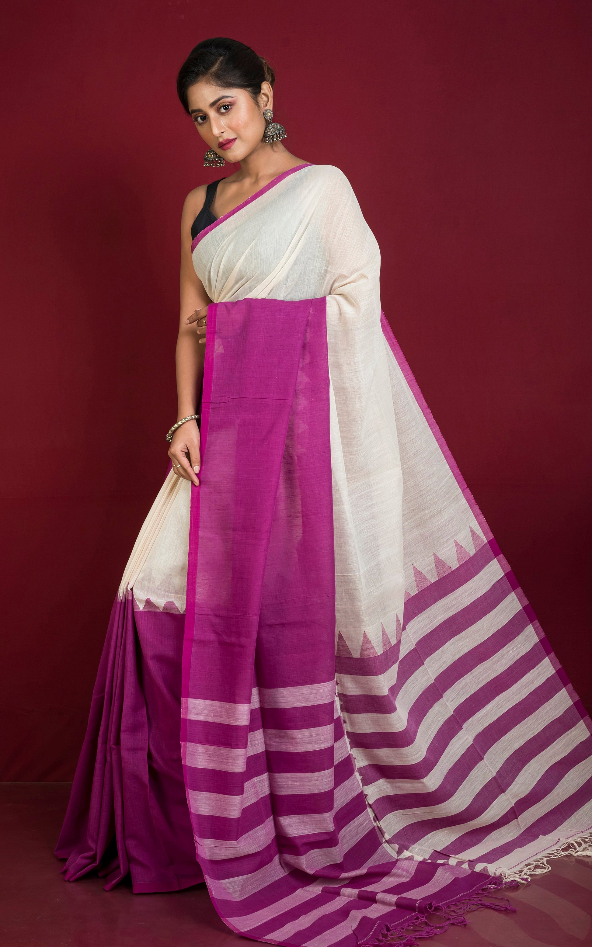 Half and Half Designer Soft Cotton Khaddar Saree in Off White and Purple