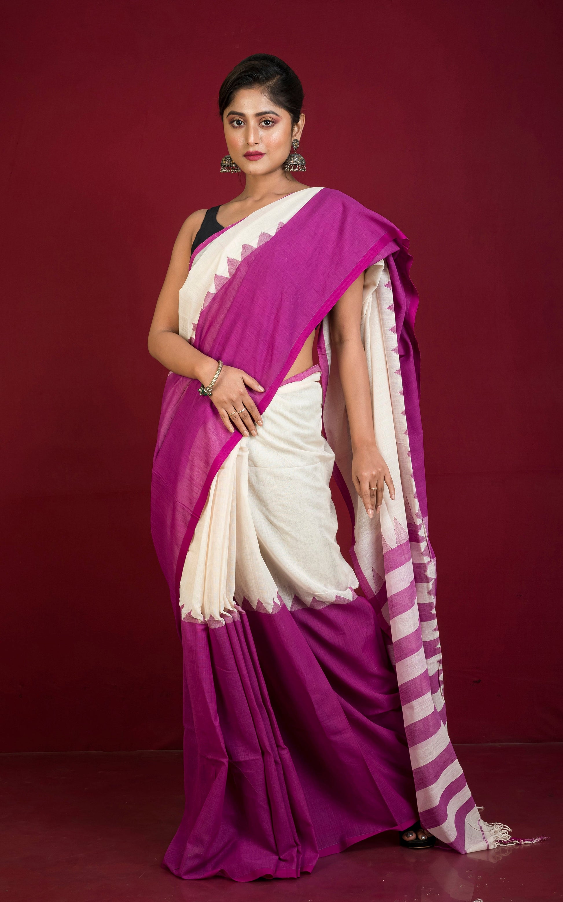 Half and Half Designer Soft Cotton Khaddar Saree in Off White and Purple