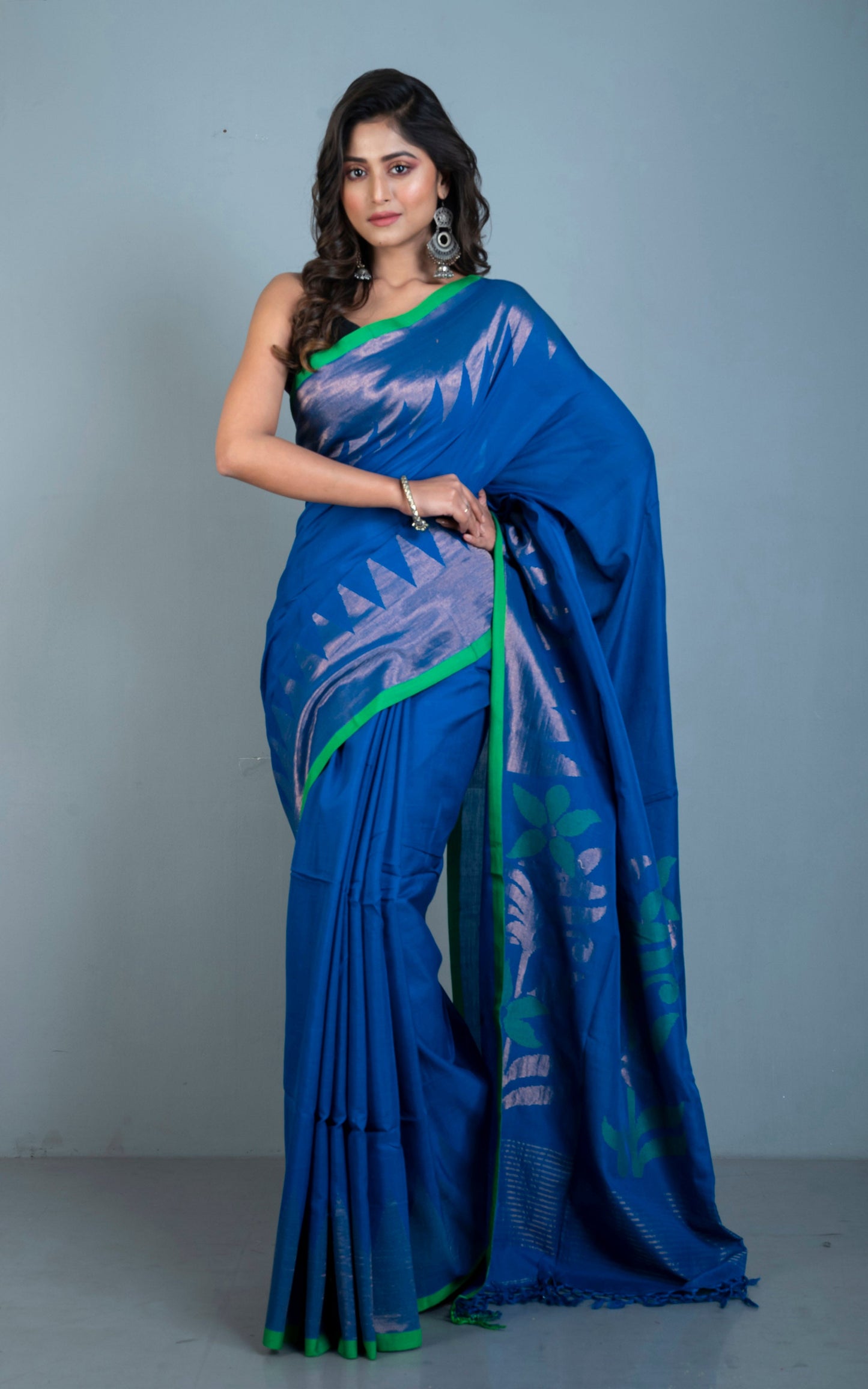 Premium Quality Double Warp Soft Cotton Kanjivaram Saree in Egyptian Blue, Forest Green and Muted Gold Zari Work