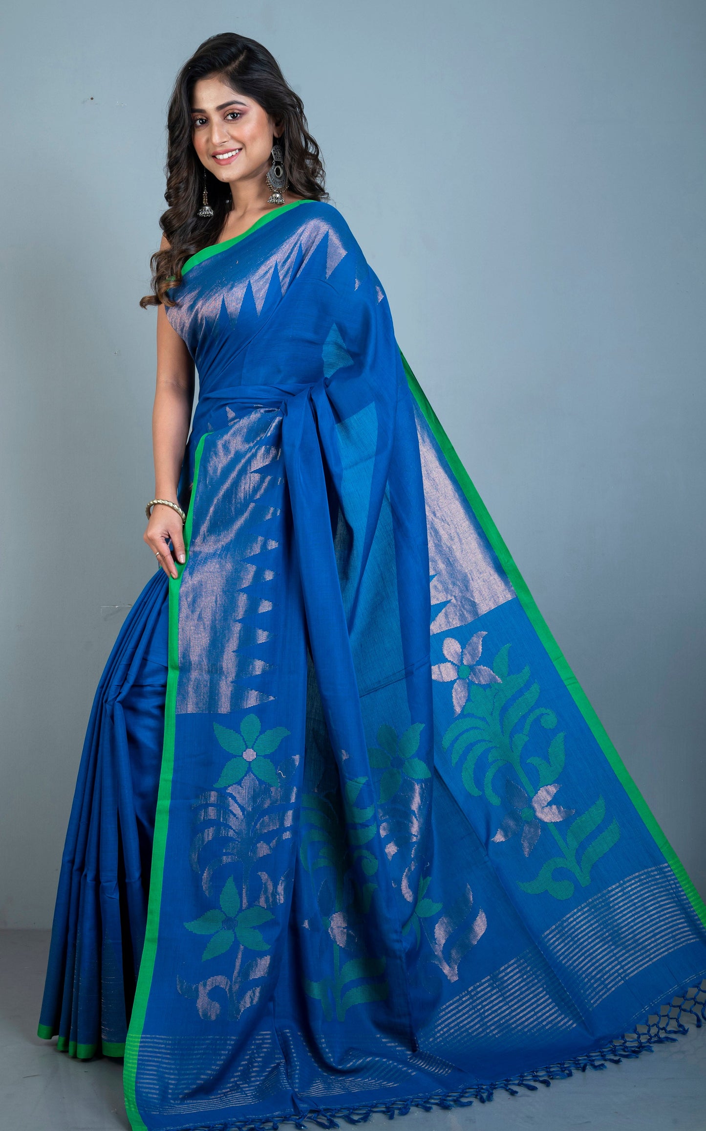 Premium Quality Double Warp Soft Cotton Kanjivaram Saree in Egyptian Blue, Forest Green and Muted Gold Zari Work