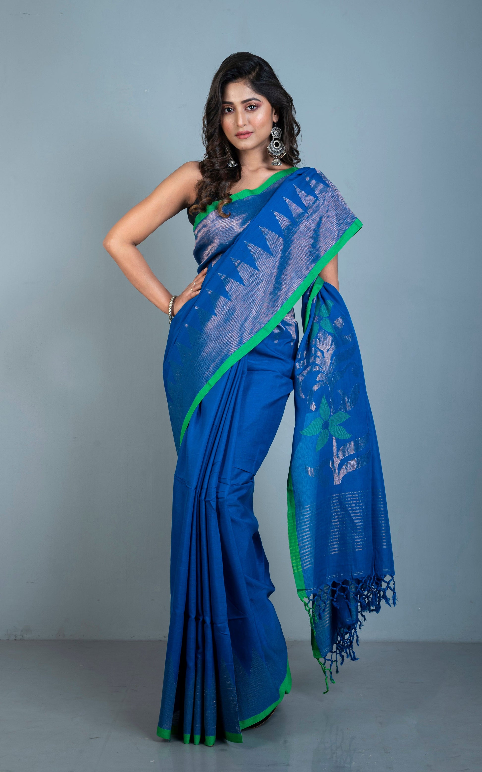 Premium Quality Double Warp Soft Cotton Kanjivaram Saree in Egyptian Blue, Forest Green and Muted Gold Zari Work