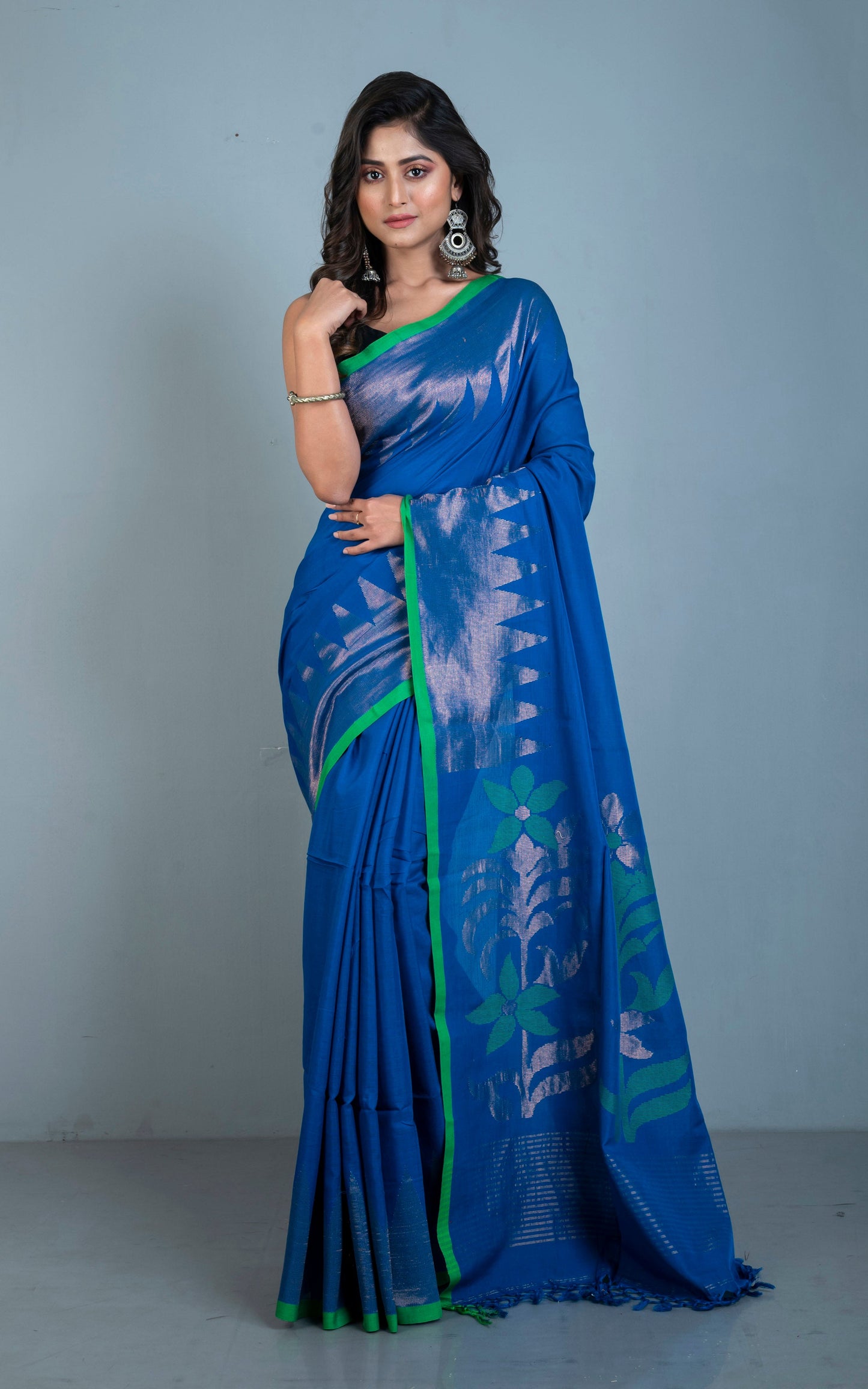 Premium Quality Double Warp Soft Cotton Kanjivaram Saree in Egyptian Blue, Forest Green and Muted Gold Zari Work