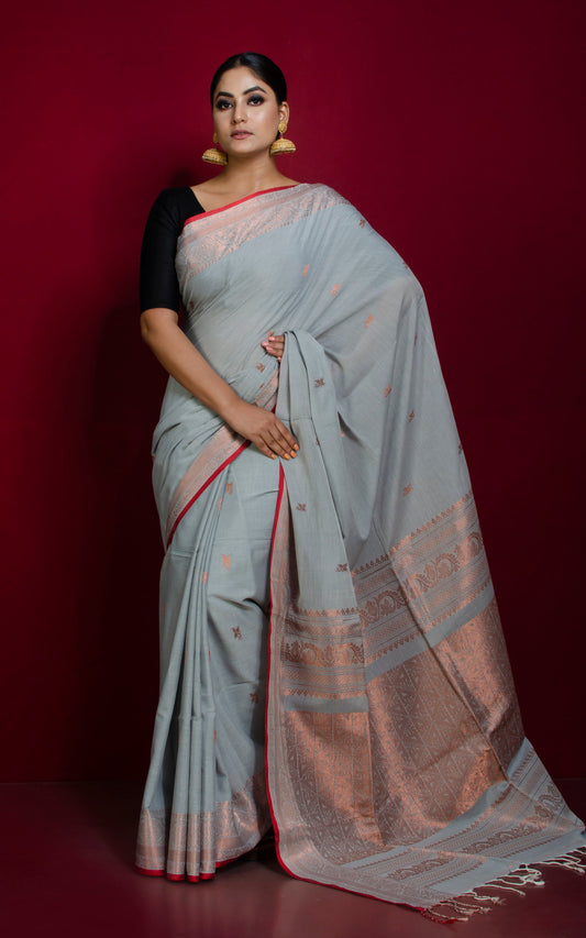 Premium Quality Double Warp Soft Pure Cotton Banarasi Saree in Cloud Grey, Dark Red and Copper Zari Work