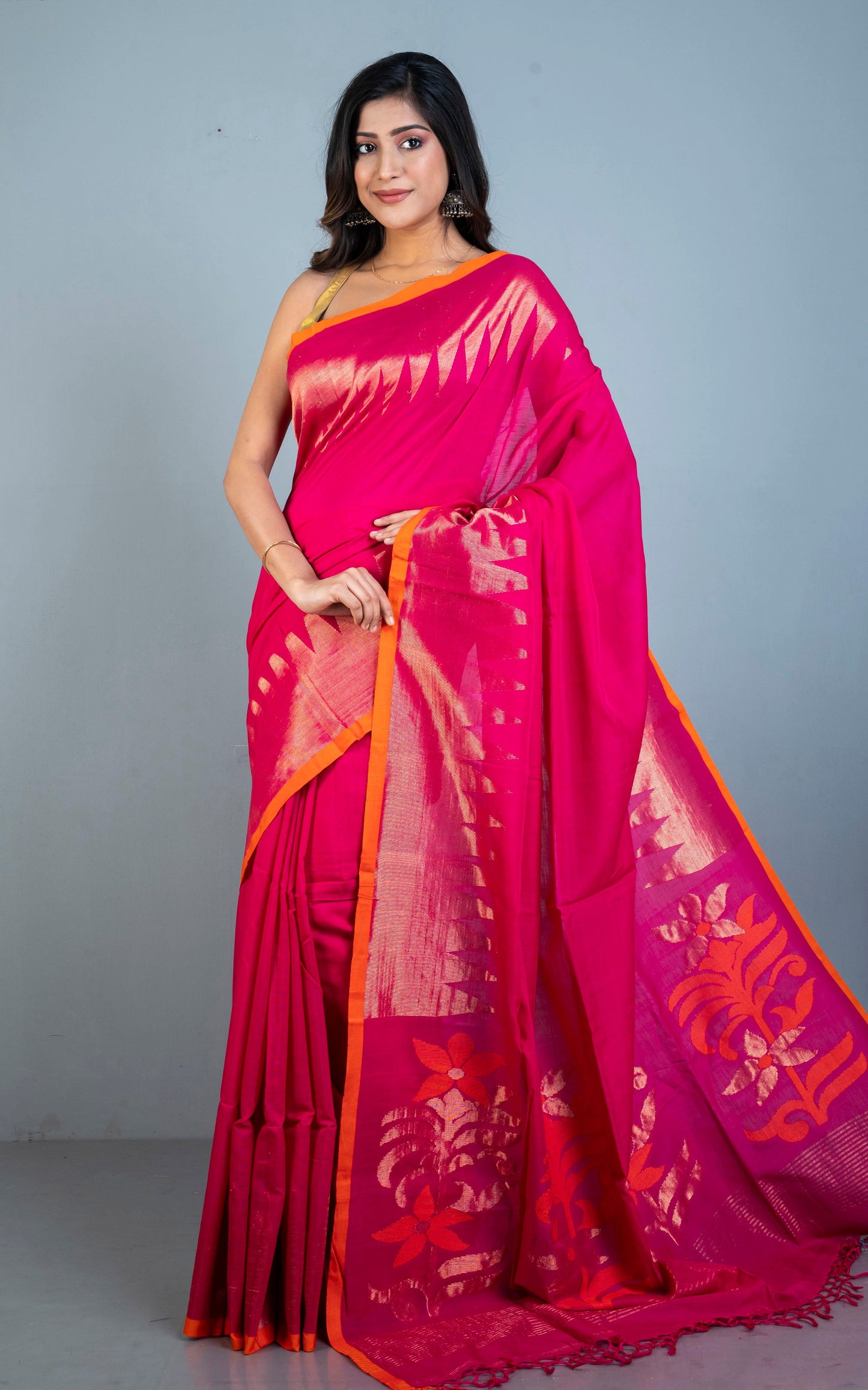 Premium Quality Double Warp Soft Cotton Kanjivaram Saree in Hot Pink, Red Orange and Muted Gold Zari Work