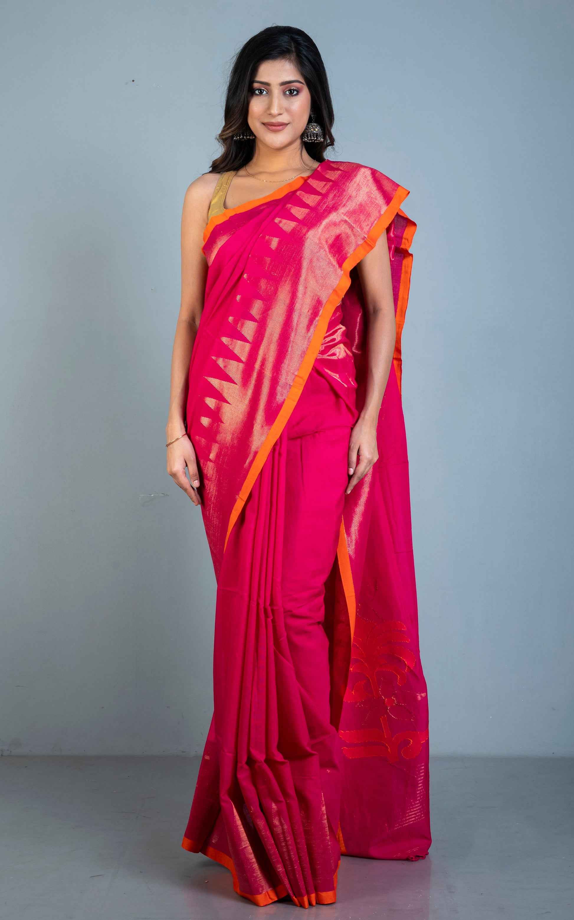 Premium Quality Double Warp Soft Cotton Kanjivaram Saree in Hot Pink, Red Orange and Muted Gold Zari Work