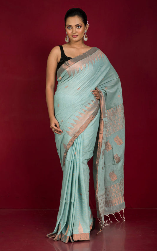 Authentic Bengal Cotton Kanchipuram Saree in Frozen Green and Muted Copper Zari Work