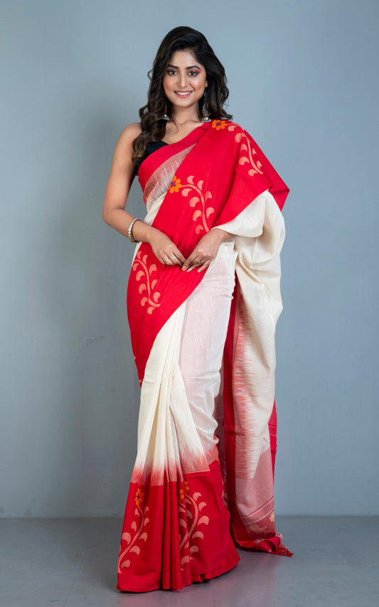 Premium Quality Double Warp Khaddar Kadiyal Skirt Border Jamdani Saree in Off White and Red