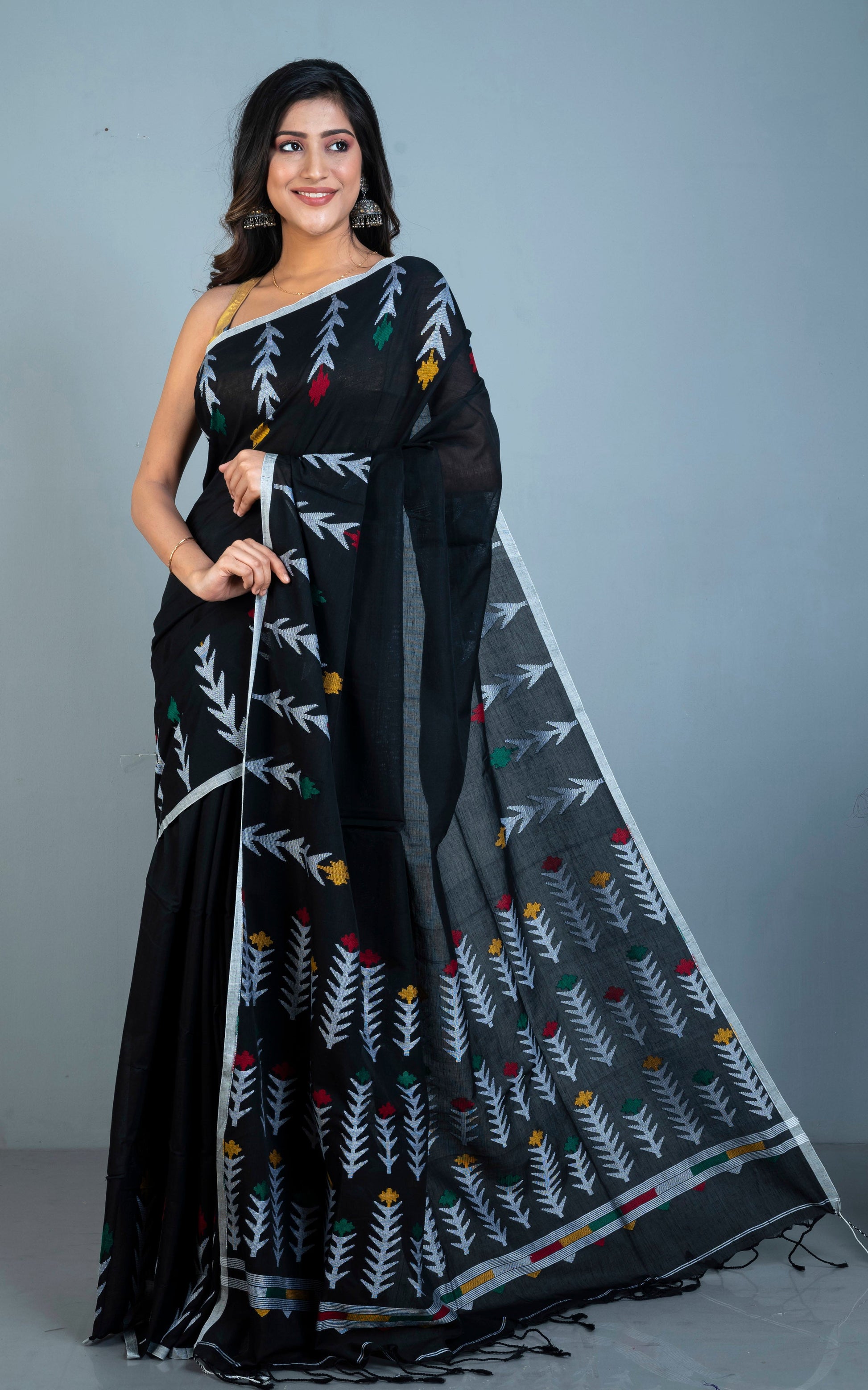 Premium Quality Double Warp Soft Cotton Handwoven Jamdani Saree in Black, Silver White and Multicolored