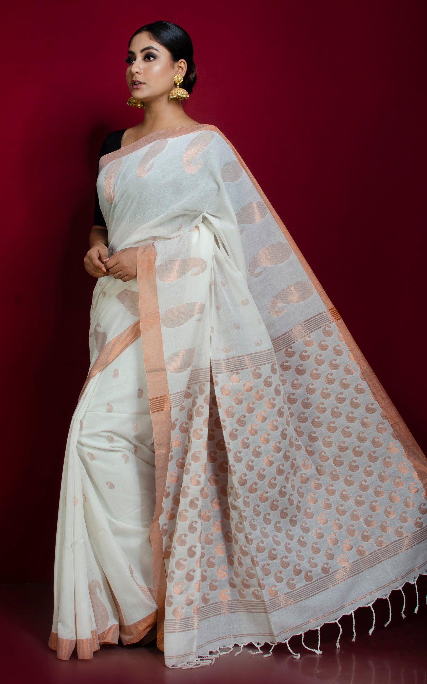 Premium Quality Double Warp Soft Pure Cotton Saree in Off White and Copper Zari Work