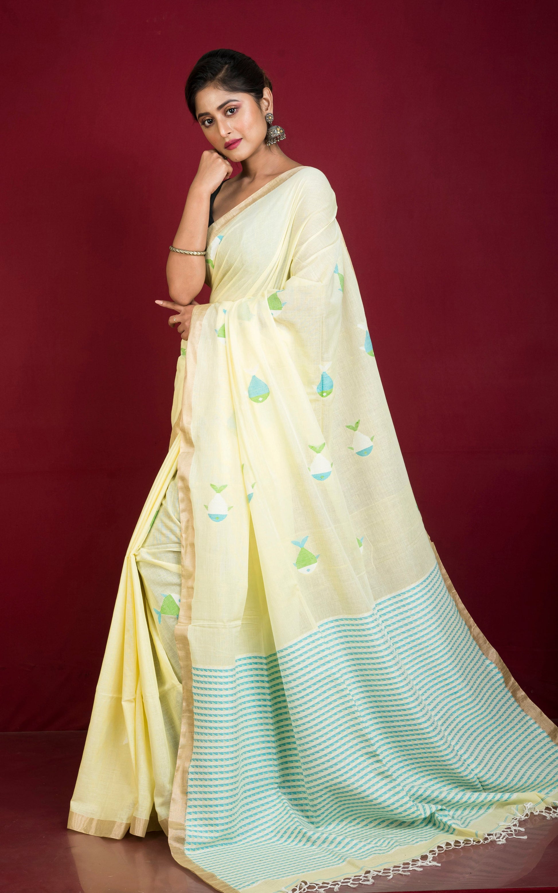 Premium Quality Double Warp Soft Cotton Fish Jamdani Saree in Pastel Yellow, Blue, Off White, Green and Water Gold