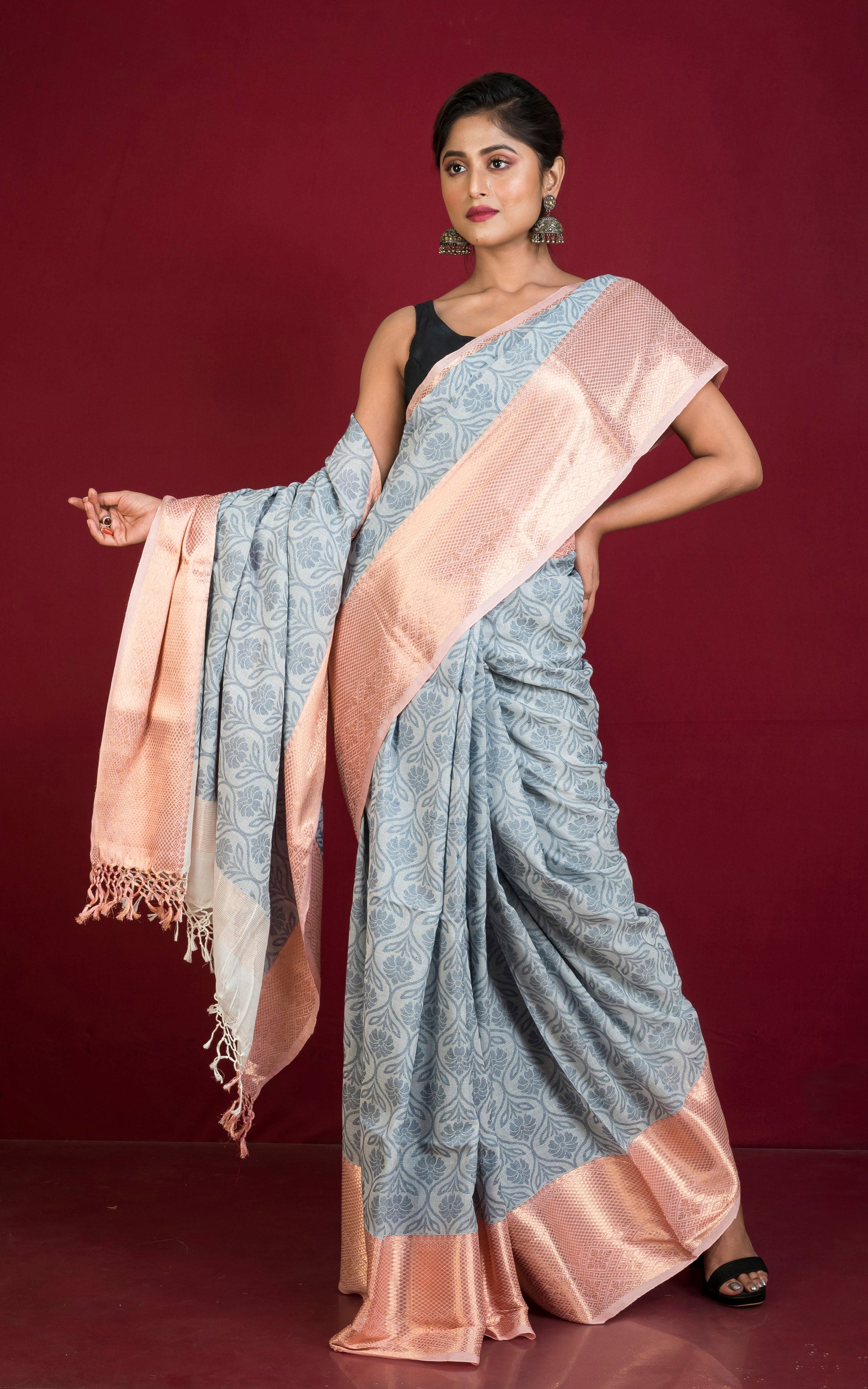 Woven Nakshi Tanchui Work Pure Cotton Brocade Saree in Off White, Oil Black and Apricot Blush