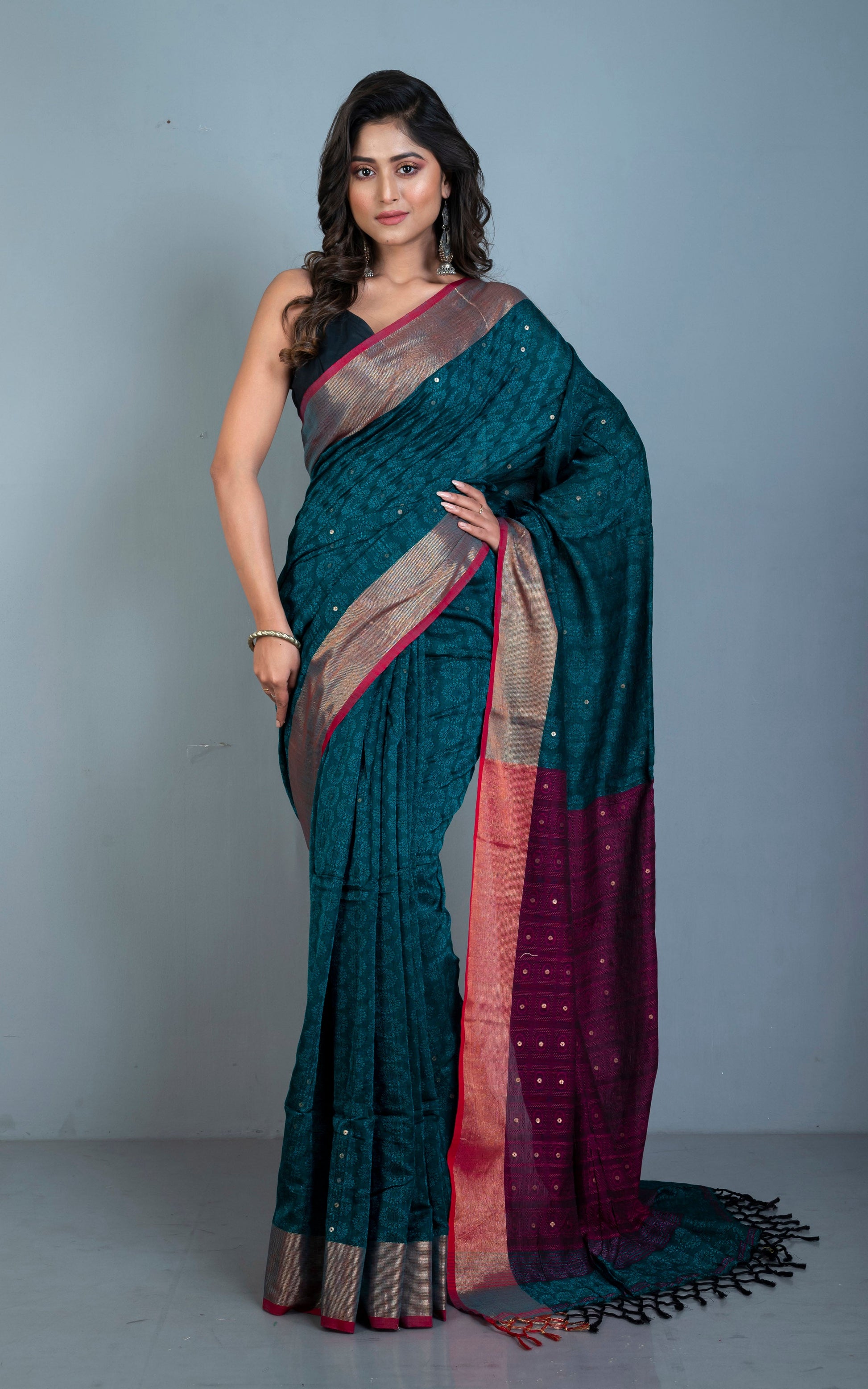 Woven Nakshi Tanchui Cotton Brocade Saree in Jade Green and Garnet with embedded Sitara Sequin Work