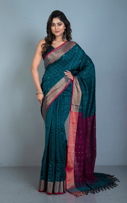 Woven Nakshi Tanchui Cotton Brocade Saree in Jade Green and Garnet with embedded Sitara Sequin Work