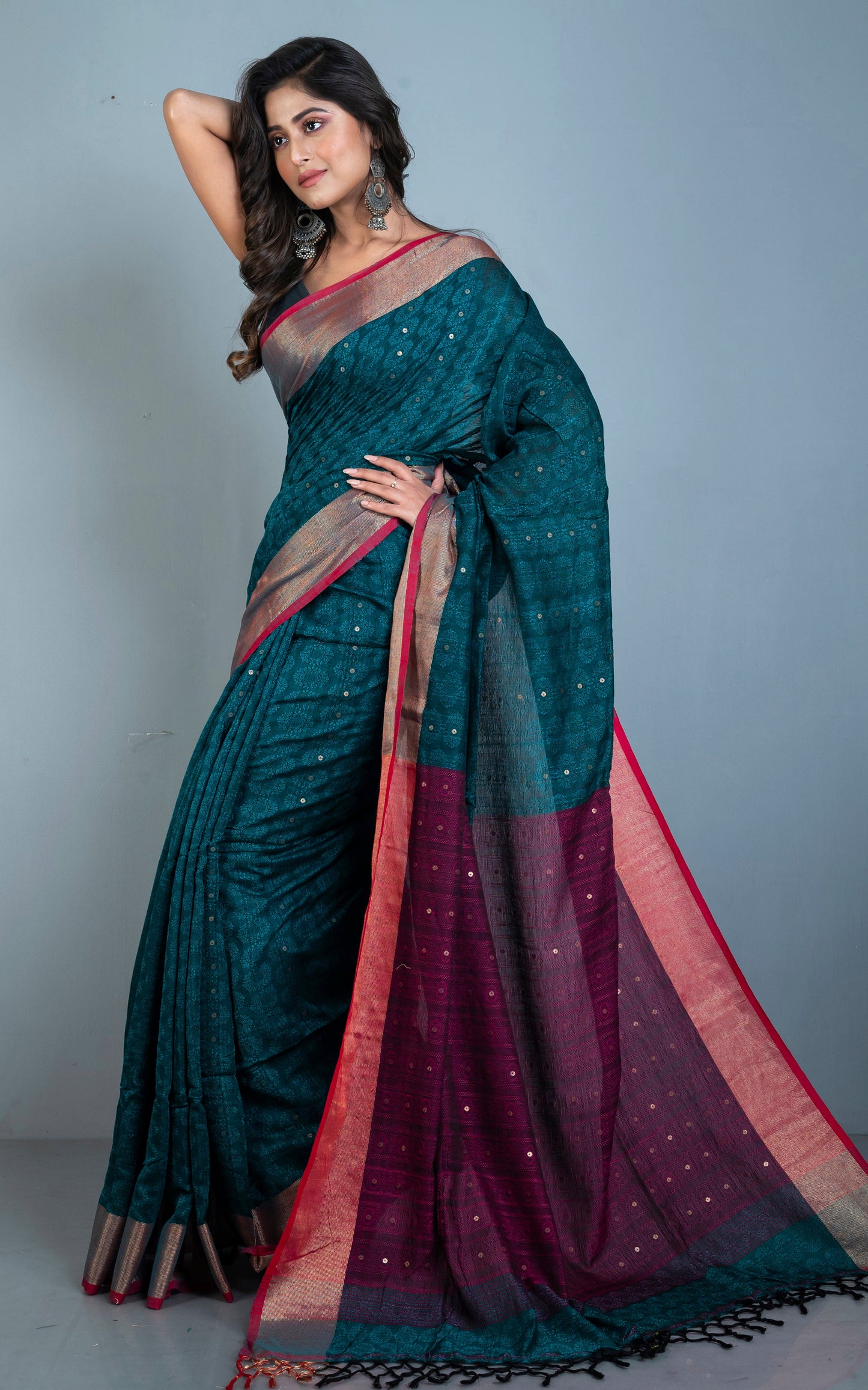 Woven Nakshi Tanchui Cotton Brocade Saree in Jade Green and Garnet with embedded Sitara Sequin Work