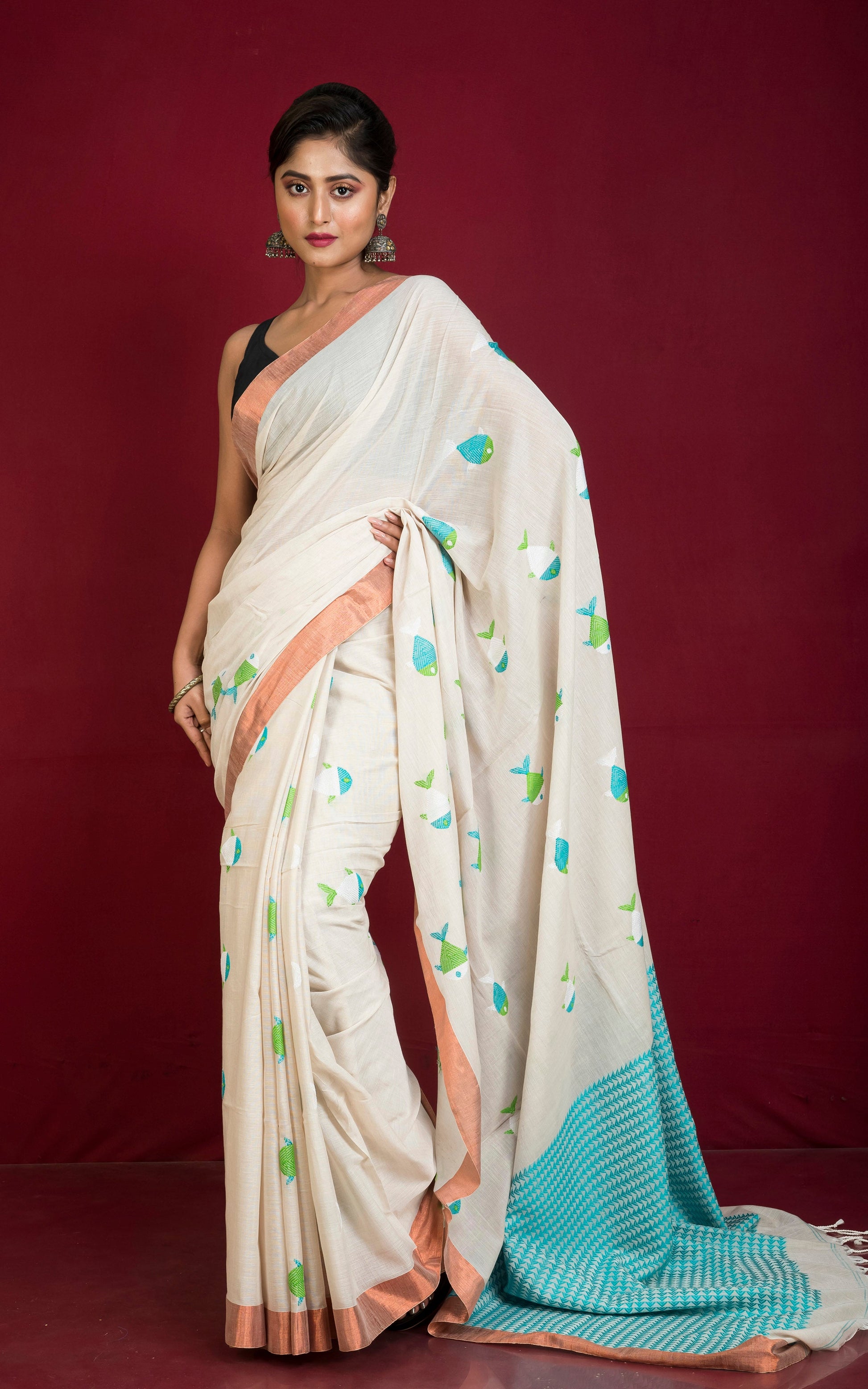 Premium Quality Double Warp Soft Cotton Fish Jamdani Saree in Ivory White, Blue, Off White, Green and Copper