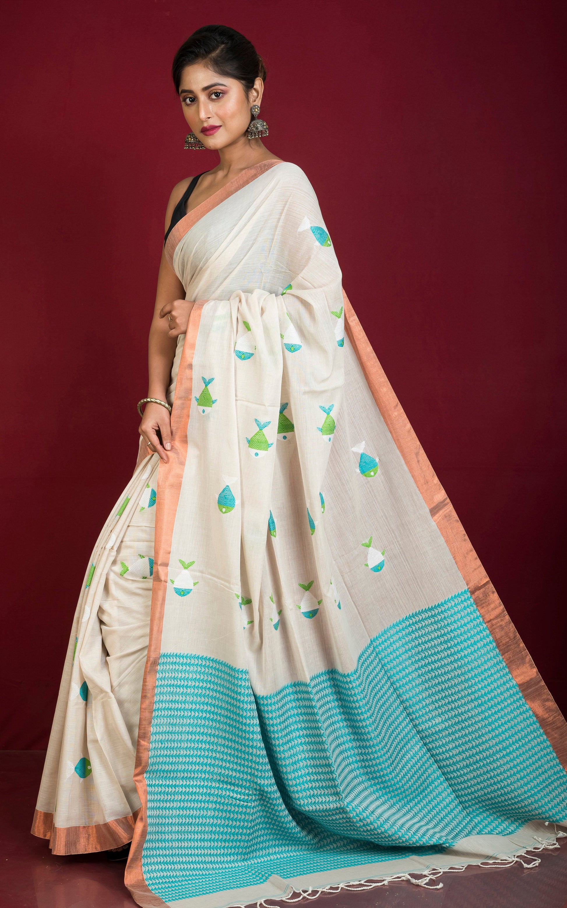 Premium Quality Double Warp Soft Cotton Fish Jamdani Saree in Ivory White, Blue, Off White, Green and Copper