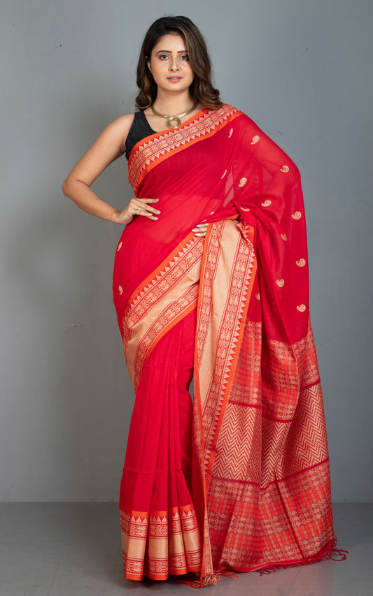 Nakshi Skirt Border Work Soft Cotton Bomkai Saree in Red, Orange and Pale Gold