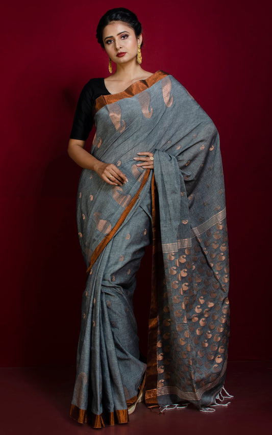 Premium Quality Double Warp Soft Pure Cotton Saree in Slate Grey and Copper Zari Work