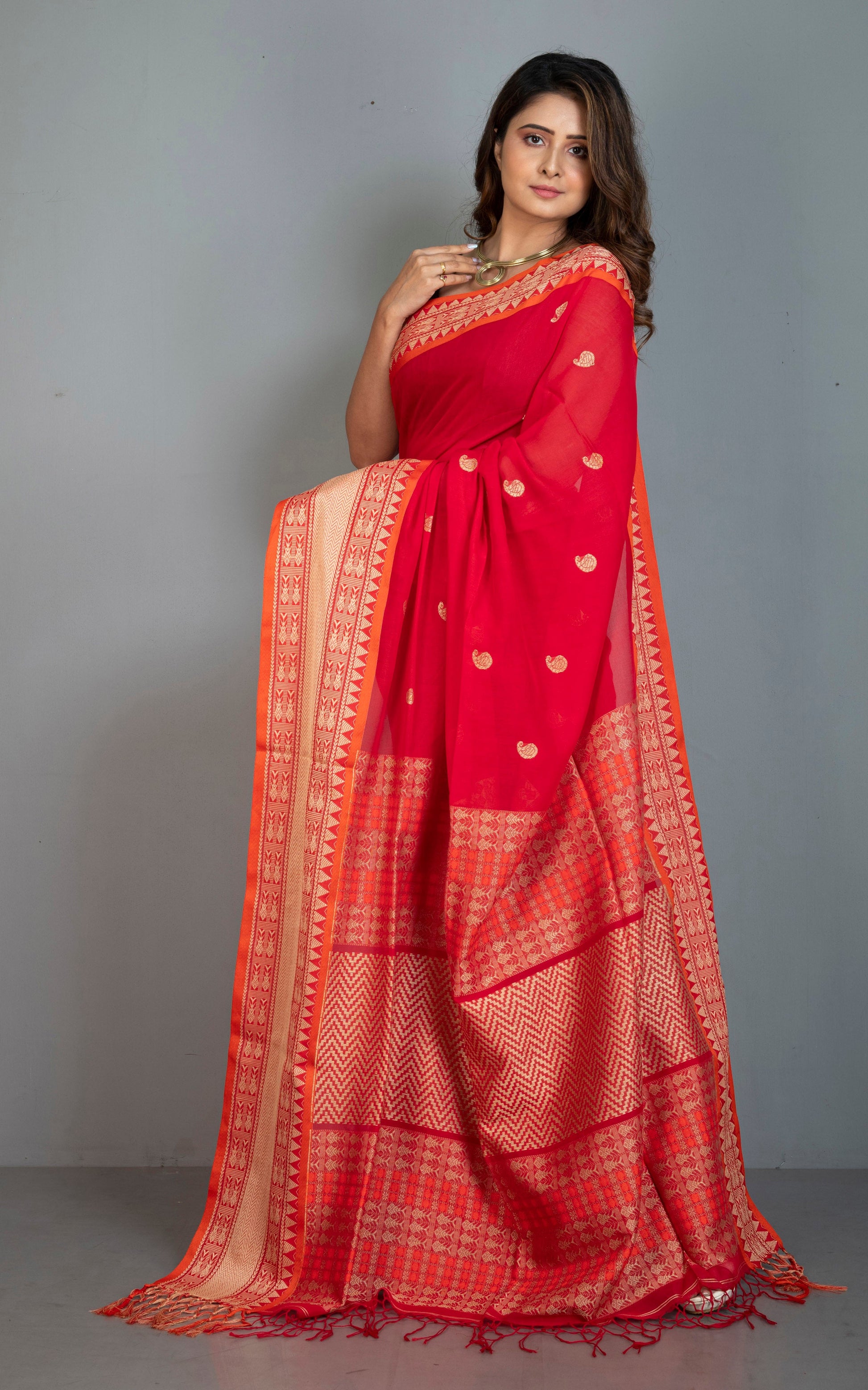 Nakshi Skirt Border Work Soft Cotton Bomkai Saree in Red, Orange and Pale Gold