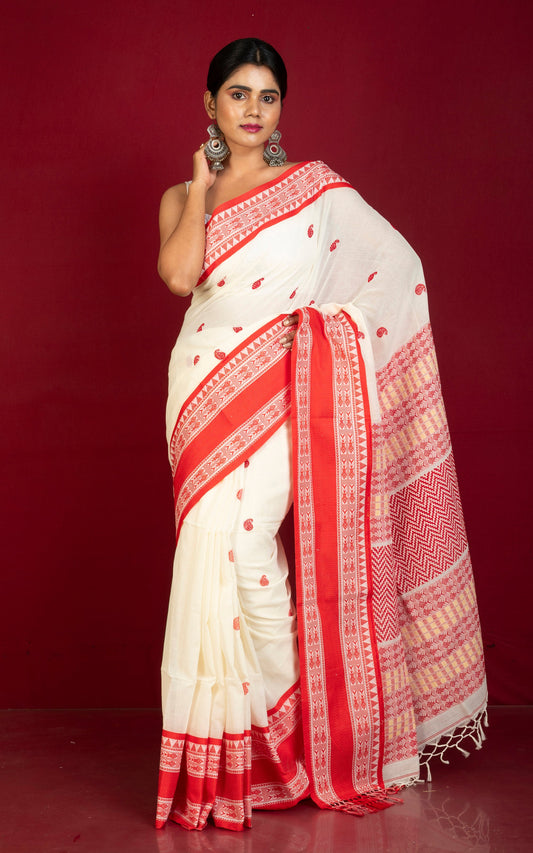 Nakshi Skirt Border Work Soft Cotton Bomkai Saree in Off White, Red and Beige