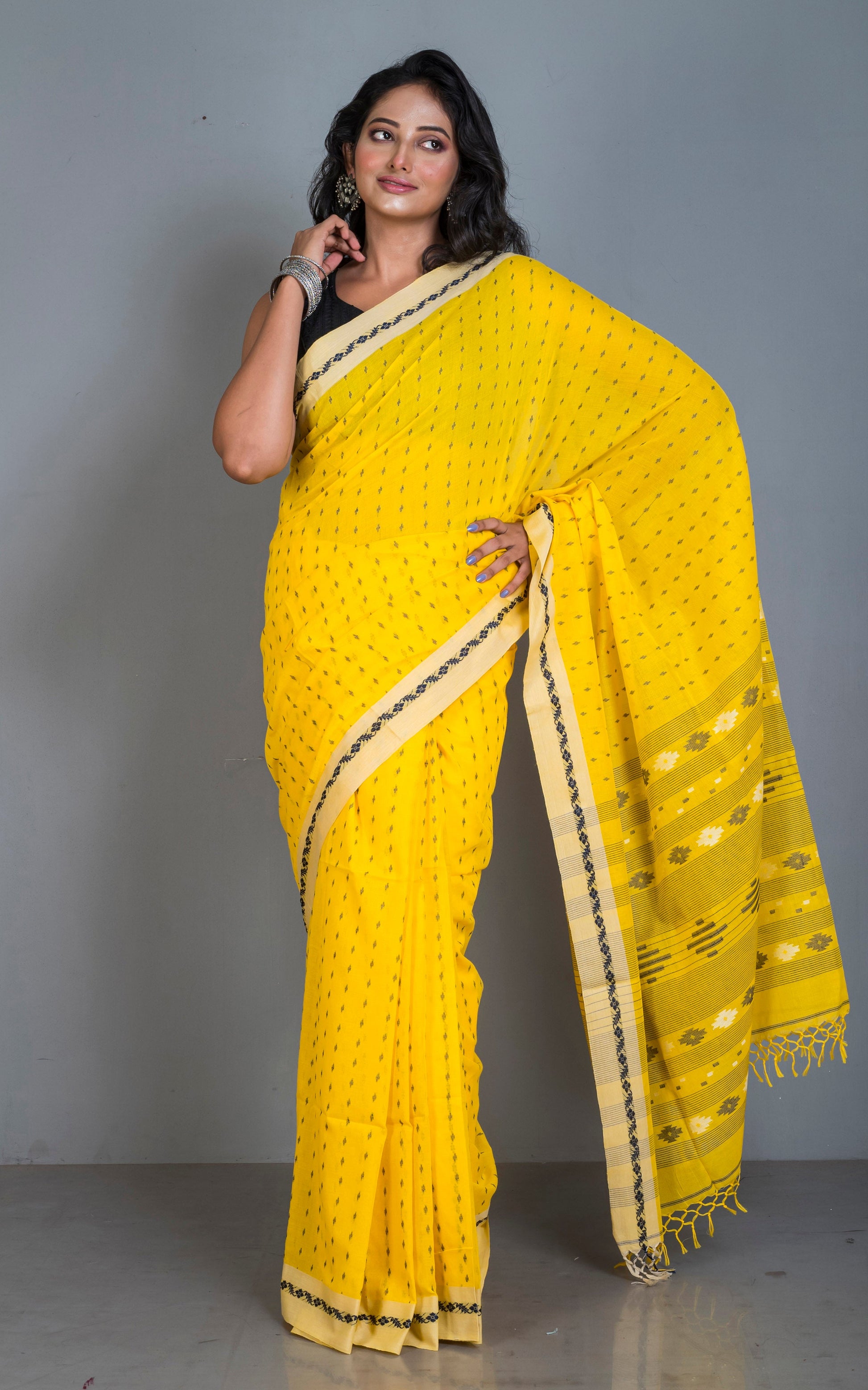 Woven Nakshi Work Authentic Khaddar Cotton Jamdani Saree in Bright Yellow, Beige and Black